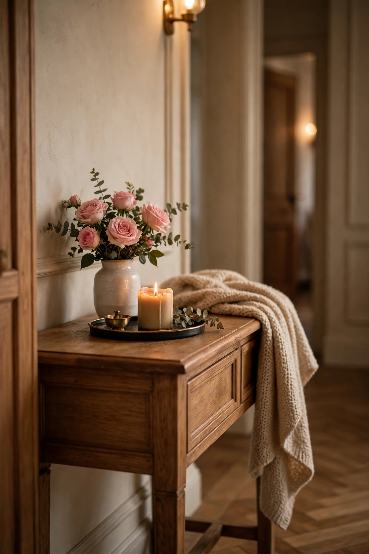Hallway console with pink roses and a candle tray