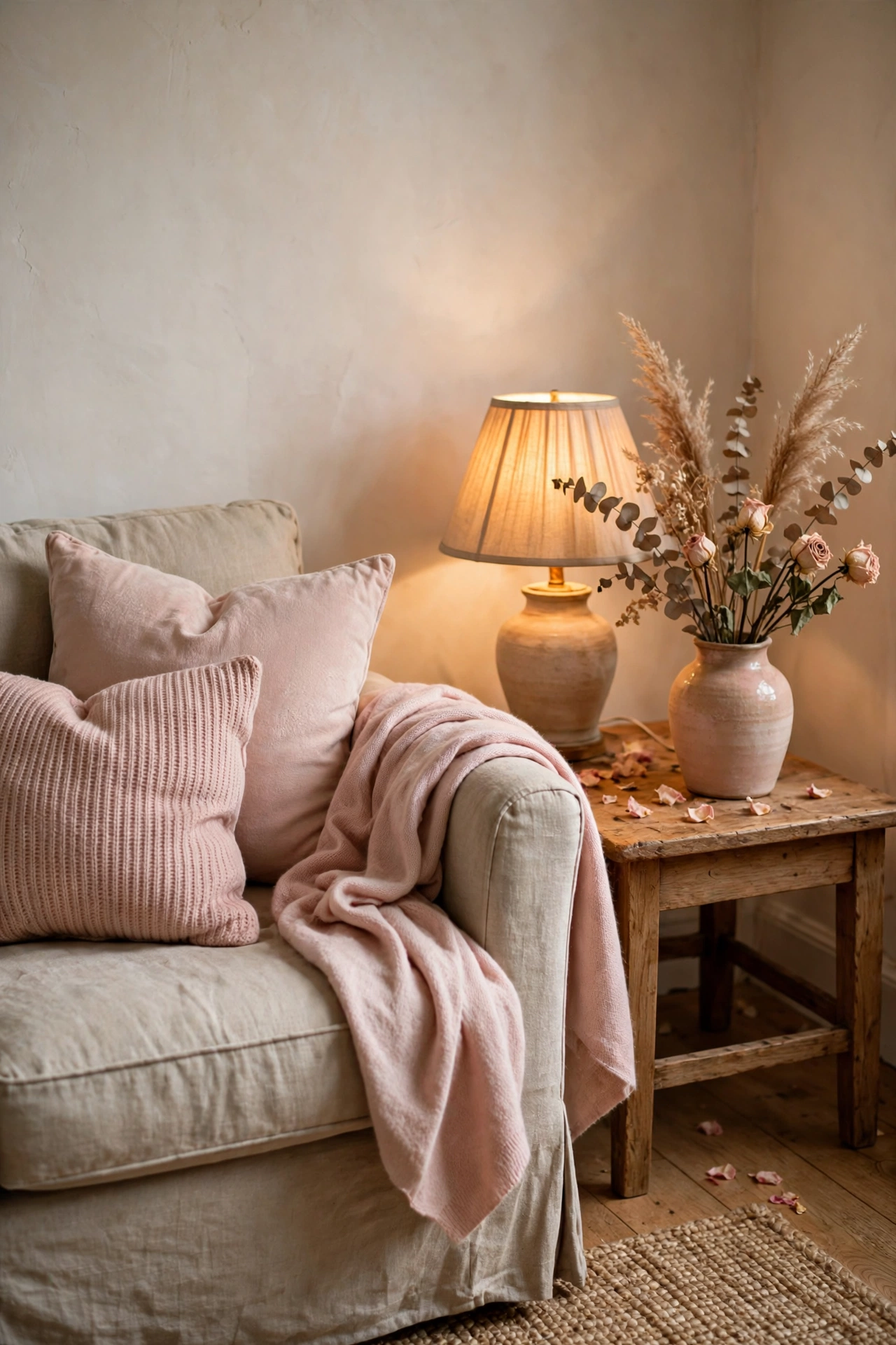 Calm living room corner kept romantic after Valentine's Day