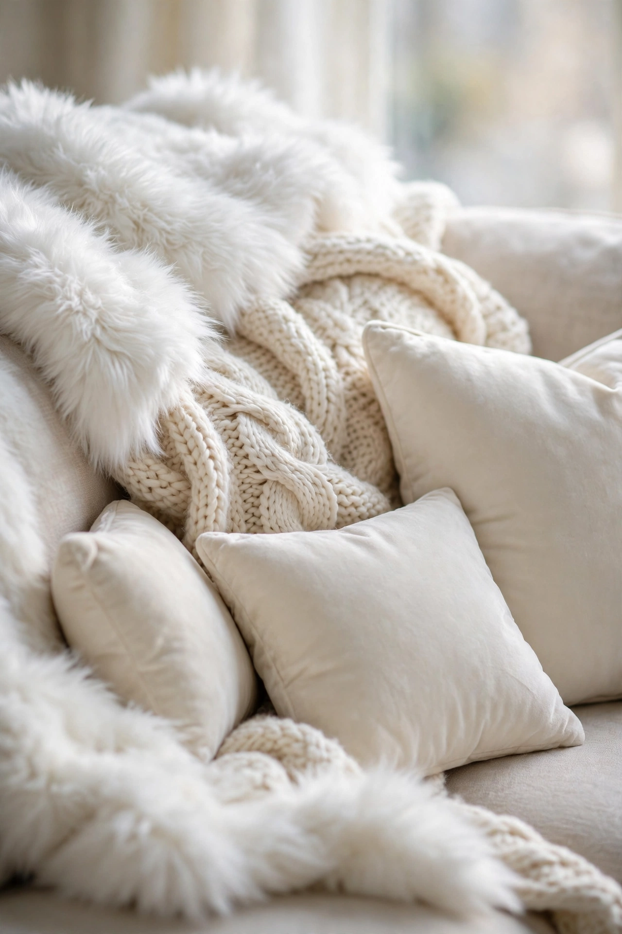 Layered white textures: faux fur throw, knit blanket and velvet cushions