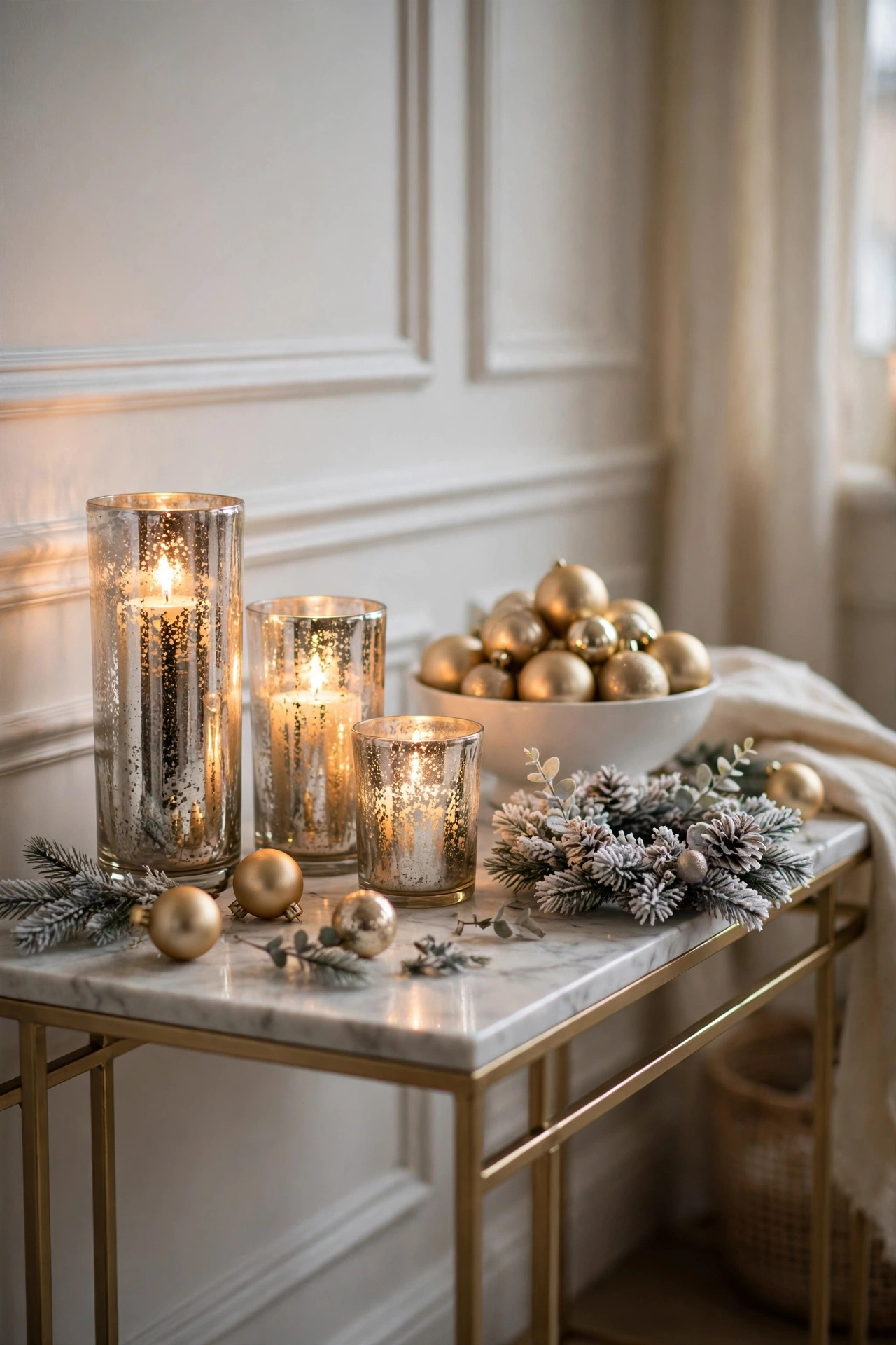 Champagne-gold and white Christmas vignette with mercury glass candles