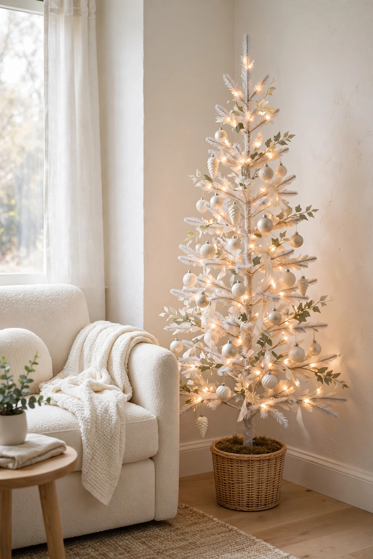 Slim white Christmas tree styled in a small living room corner