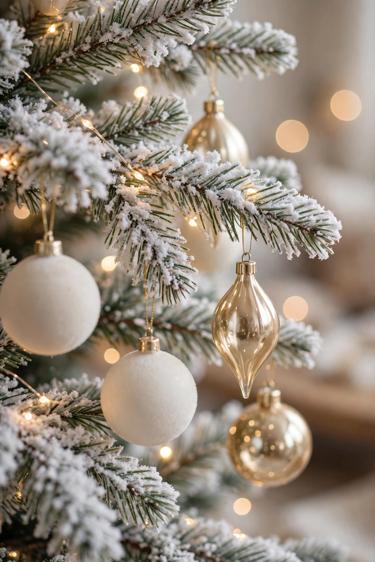 Close-up of a snow-flocked Christmas tree with ivory and champagne-gold ornaments