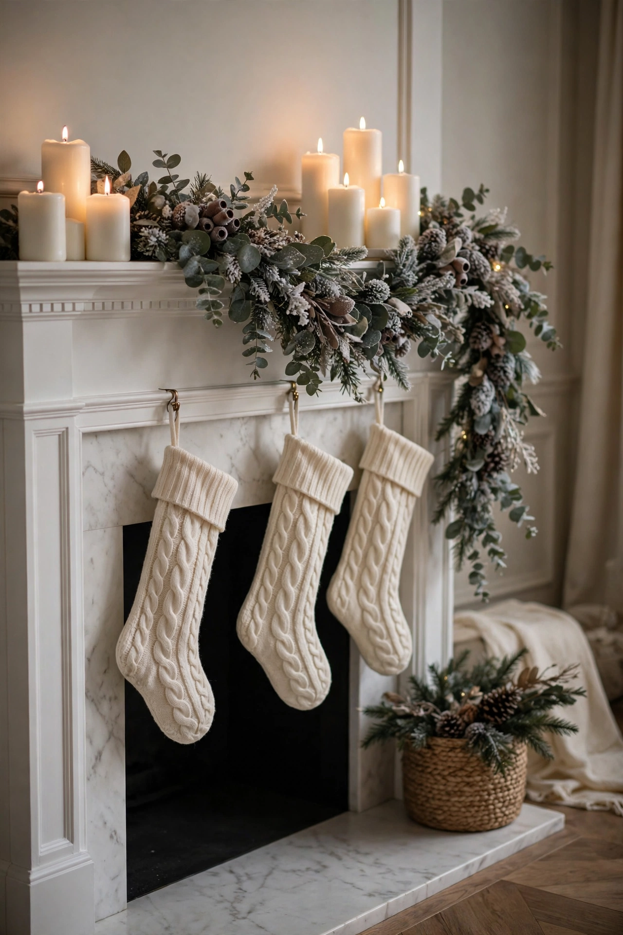 White Christmas mantel with snowy garland, pillar candles and cream knit stockings