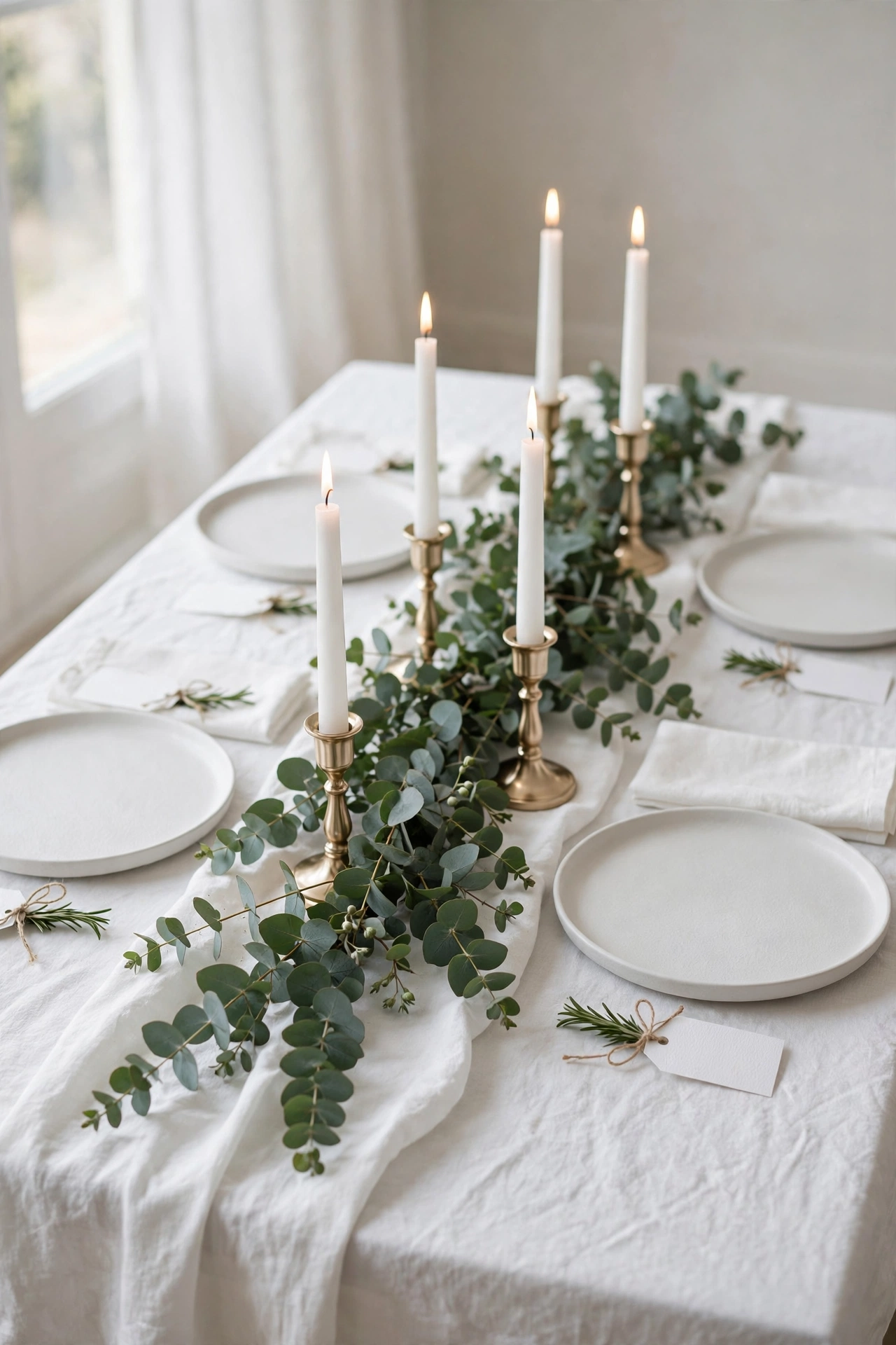 All-white Christmas tablescape with taper candles and a eucalyptus runner