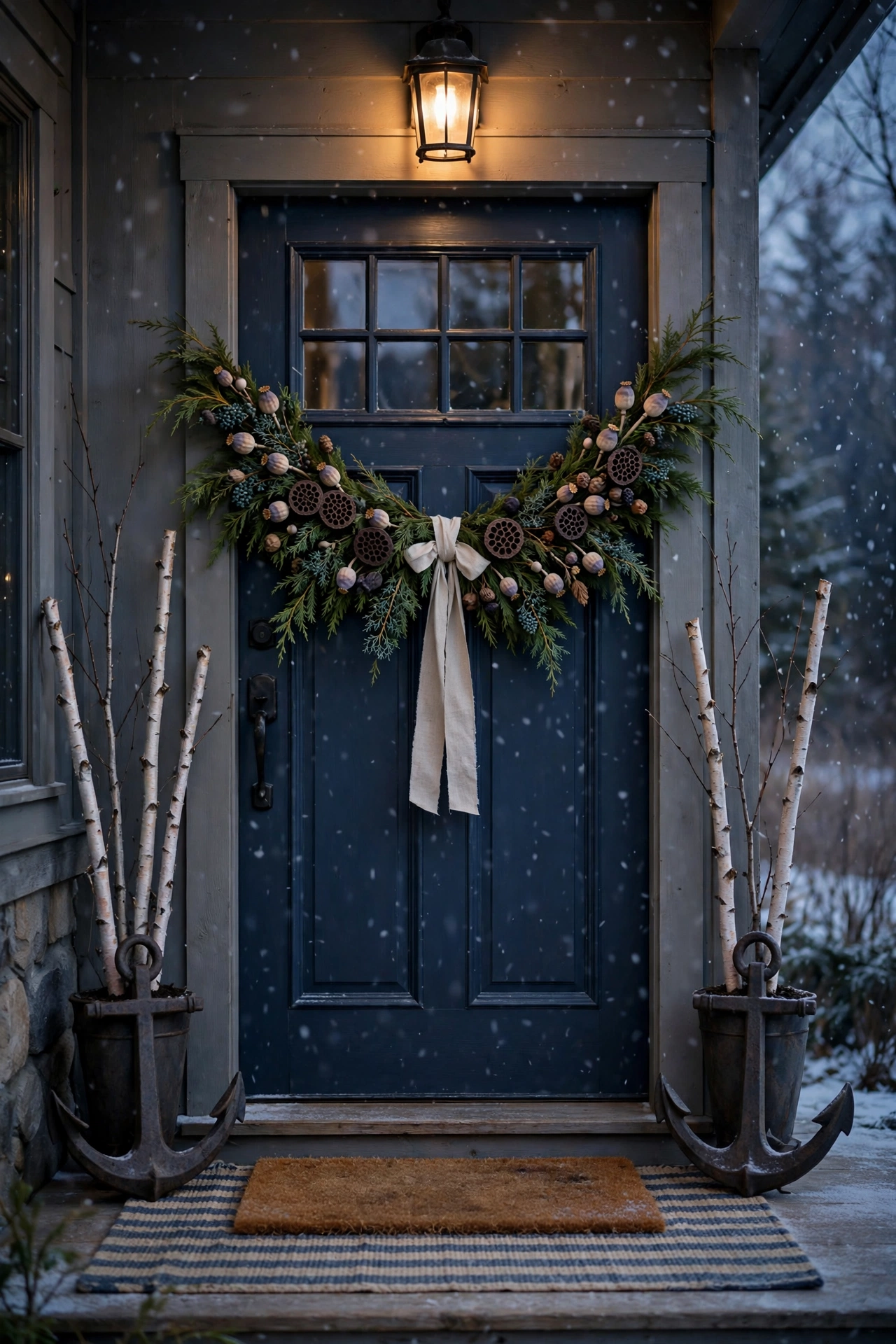 The door, planters, and mat form one clear composition.