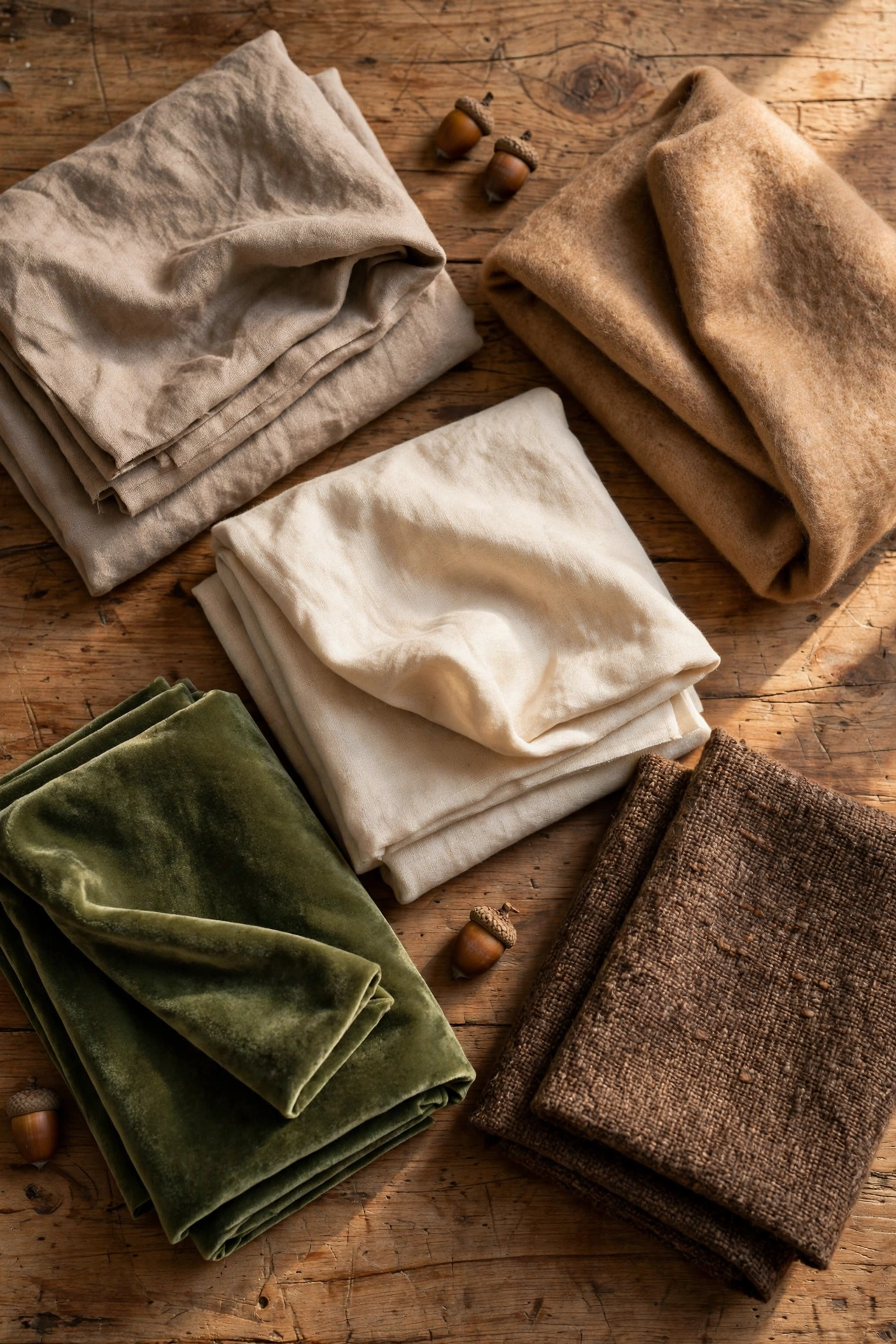 The woodland palette: taupe, camel, warm cream, moss, and bark brown layered on a wooden table.