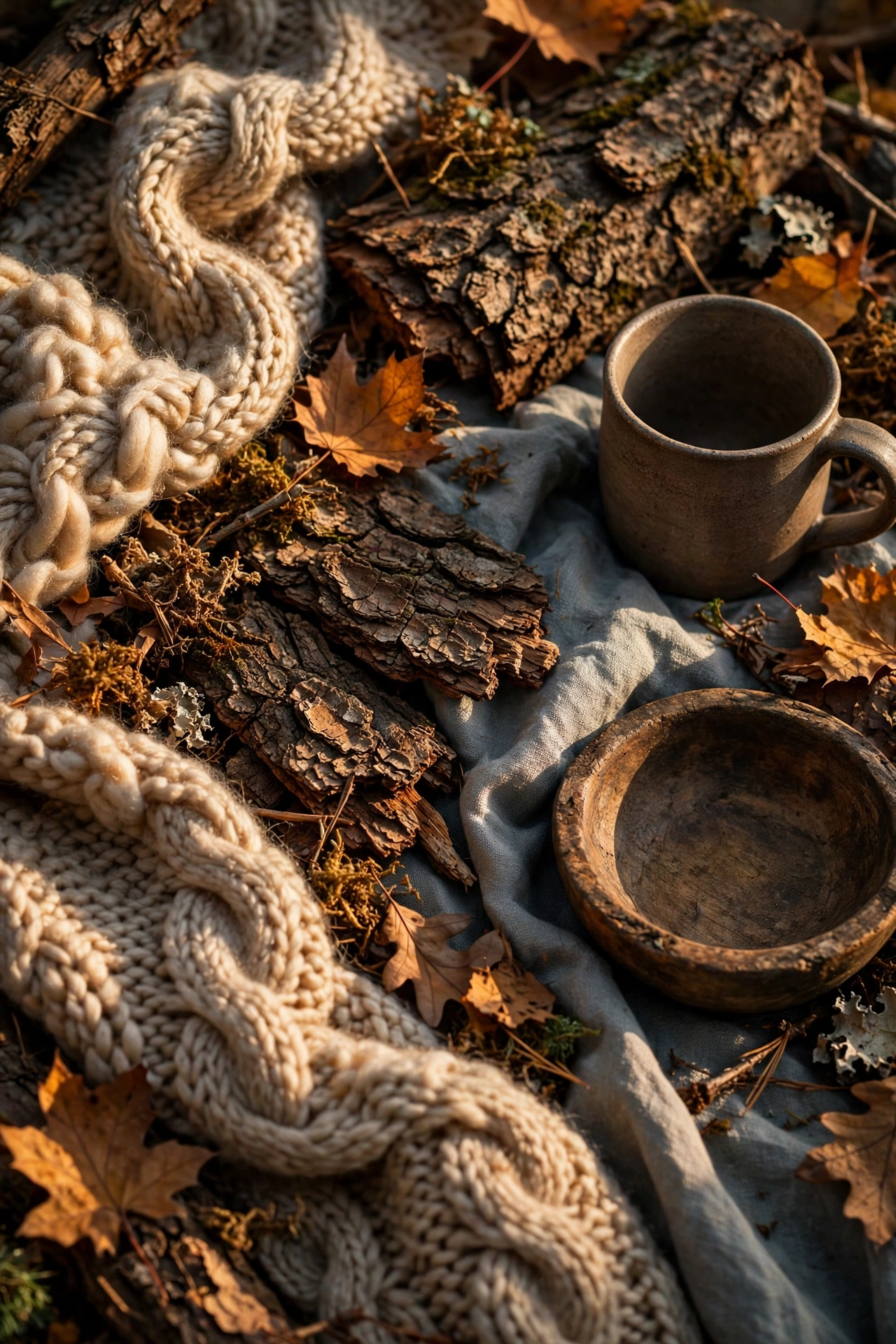 Layered forest-floor textures - chunky wool, stonewashed linen, bark, and aged wood.