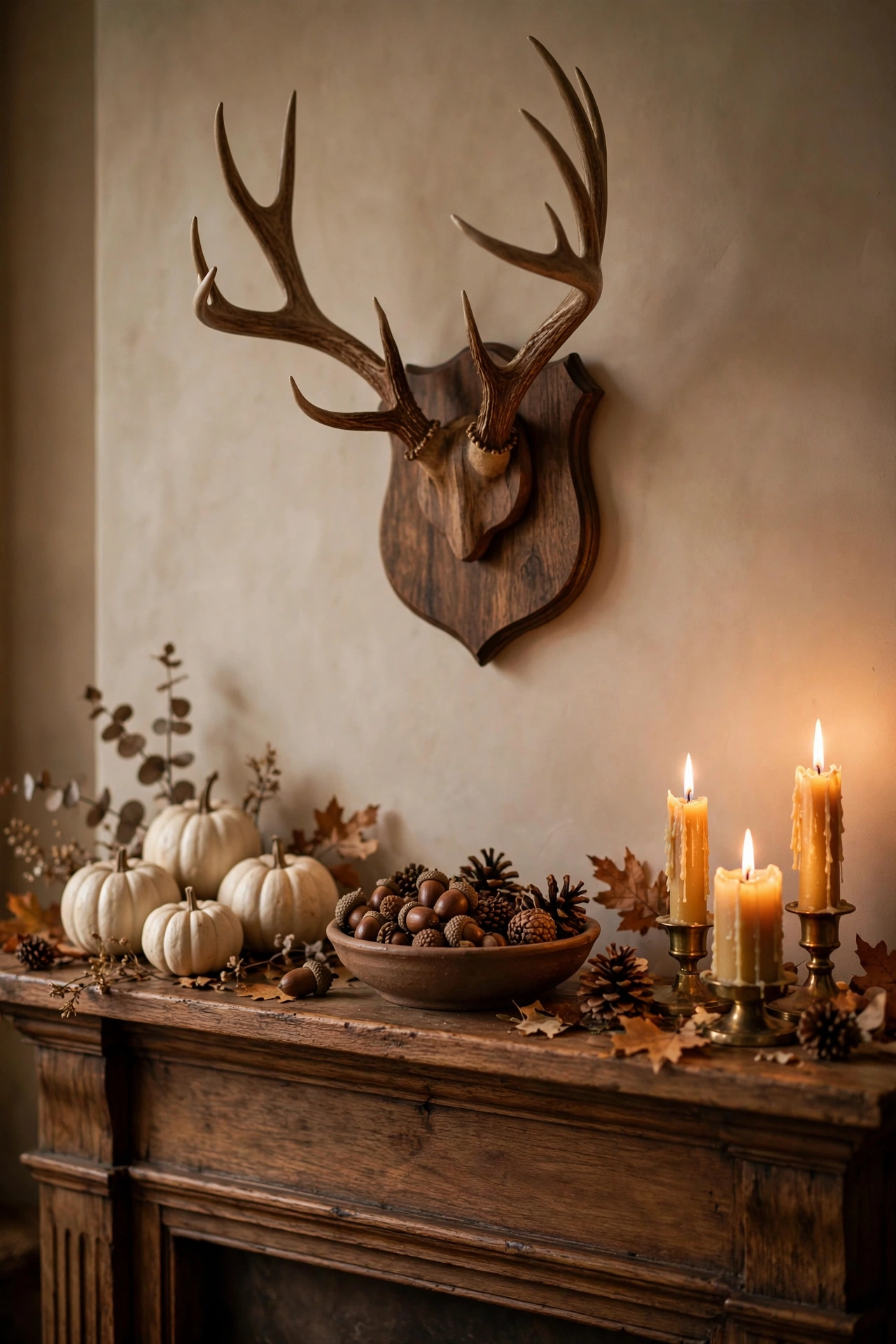 A mantel styled with an antler mount, acorns, pinecones, and beeswax candles.