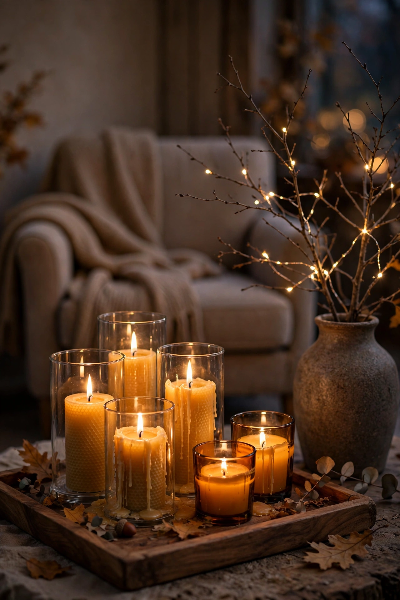 Warm candlelight and fairy lights turning a corner into an autumn evening.