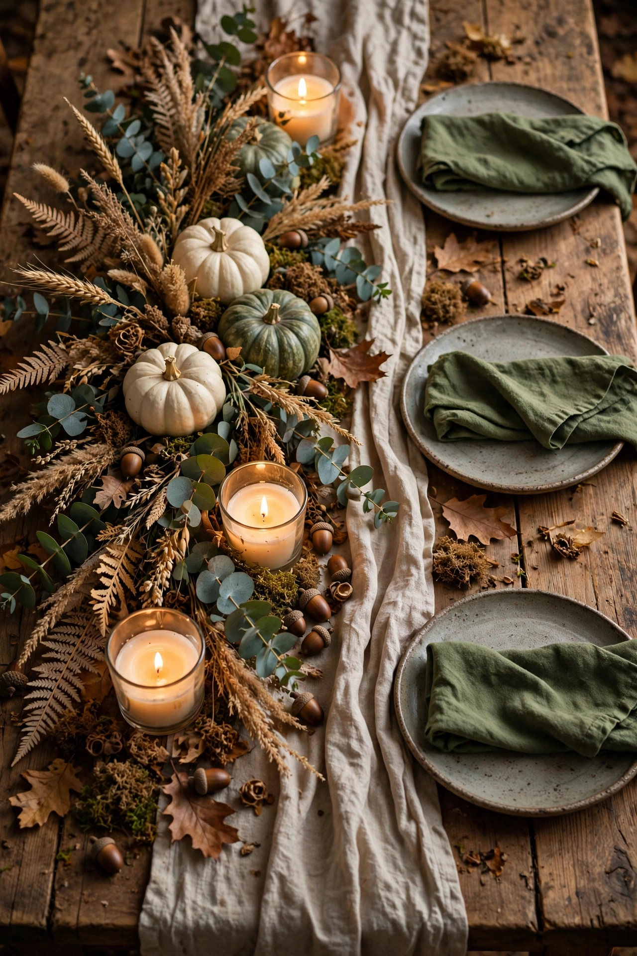 A forest-floor tablescape: wrinkled linen, eucalyptus, white pumpkins, and stoneware.