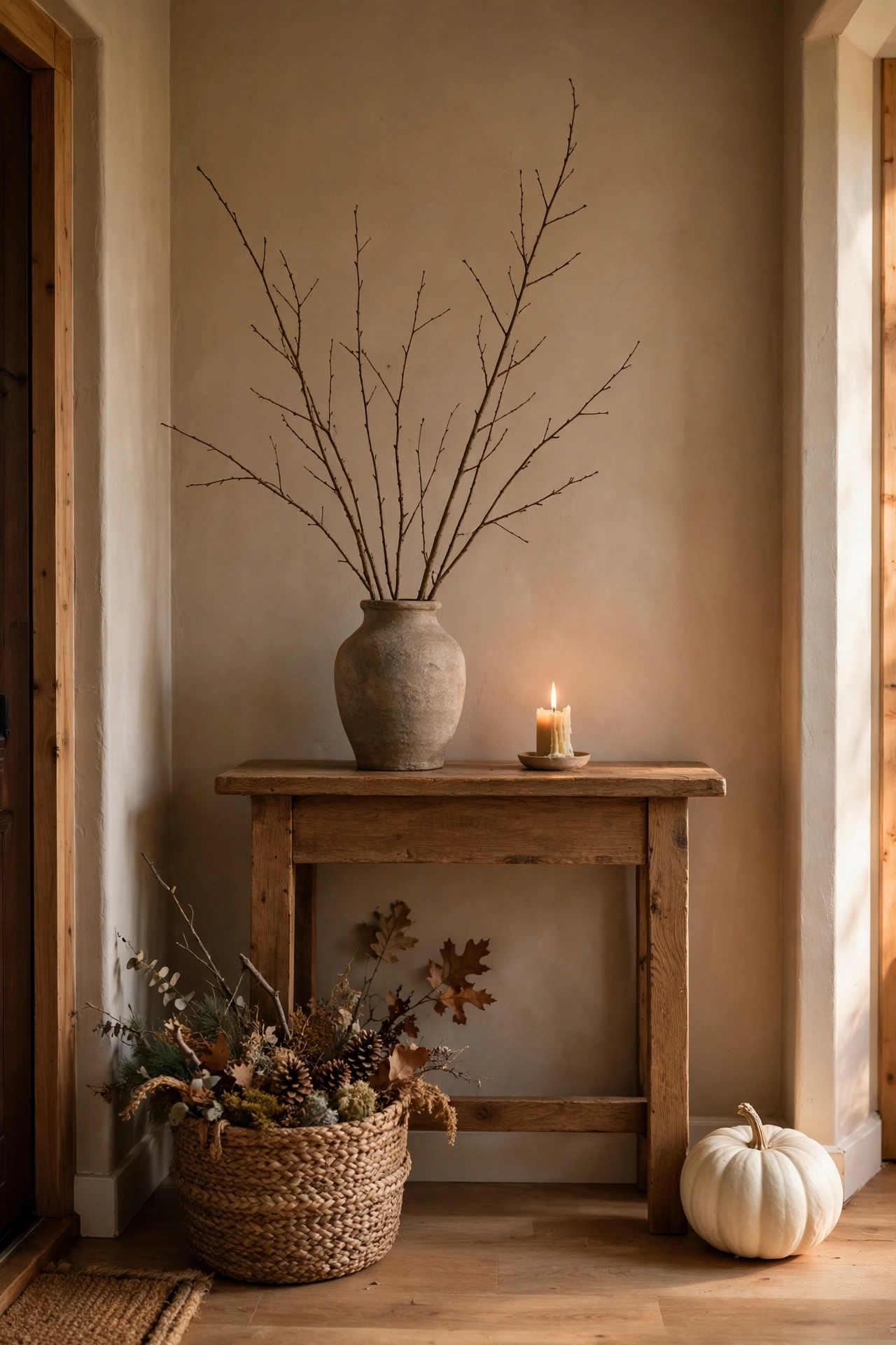 A small woodland moment in the entryway: woven basket, bare branch, and candlelight.