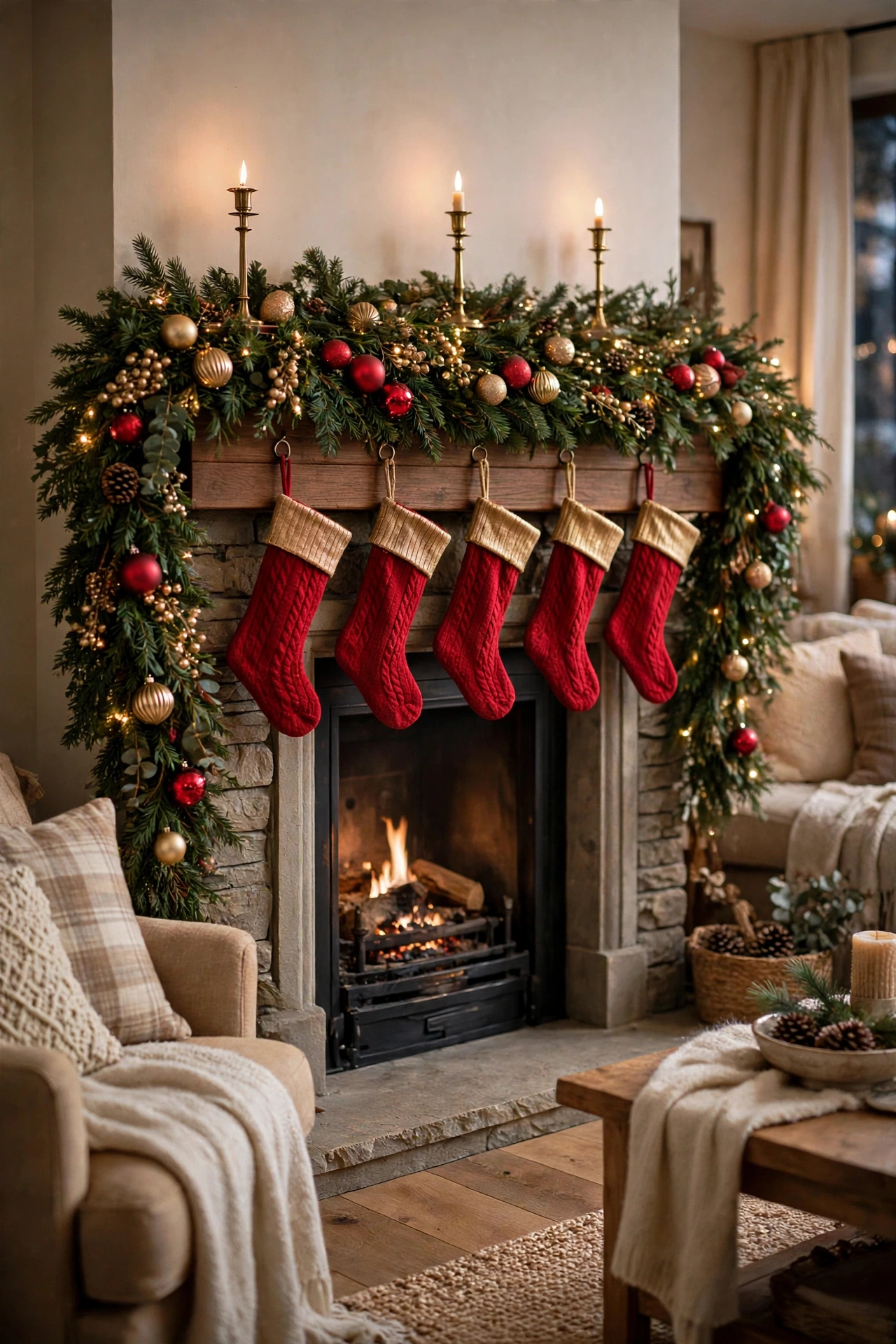 Christmas mantel styled in one colour story of classic red, green and gold with garland and stockings