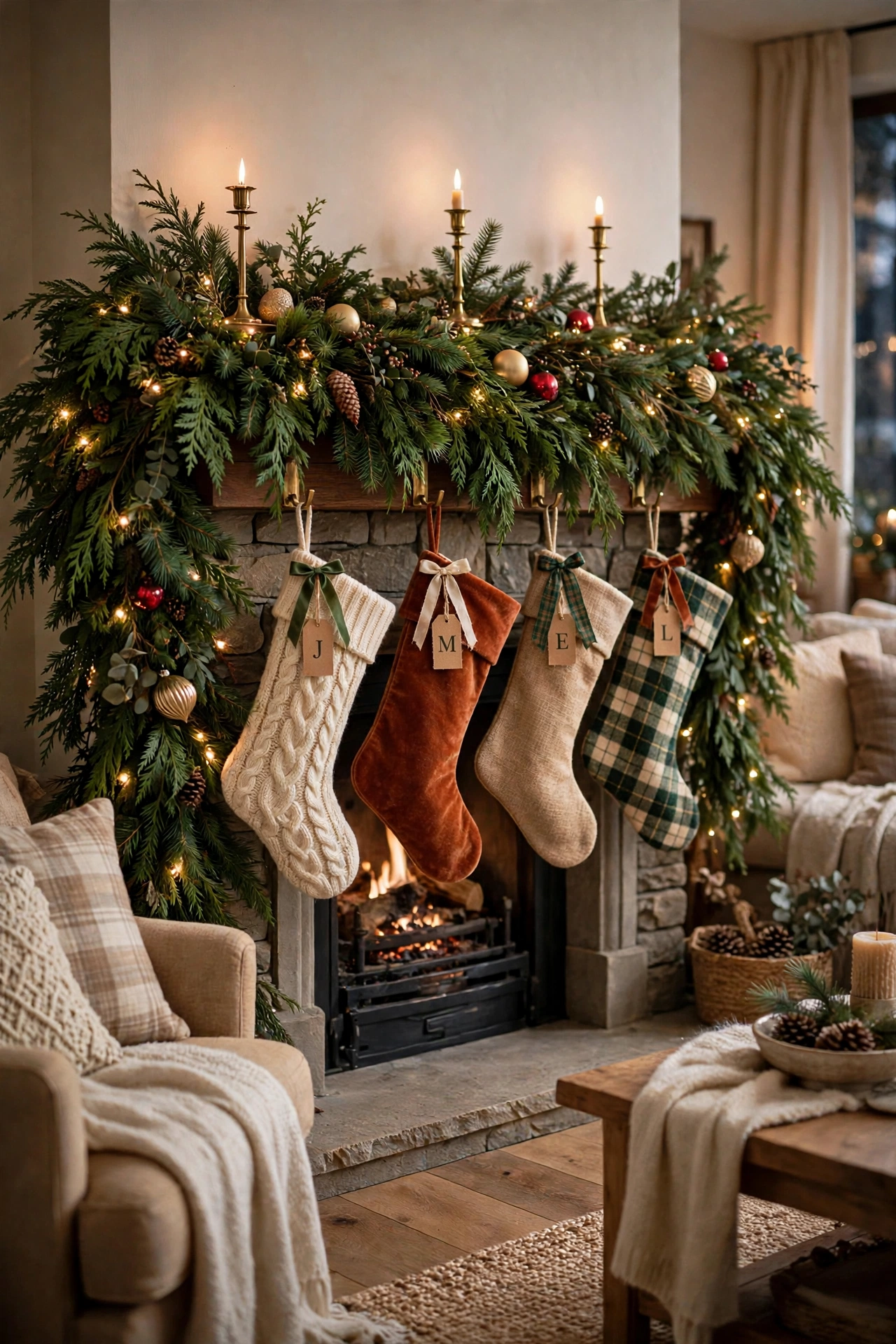 Mixed Christmas stockings in cable knit, velvet, burlap and plaid in cream, rust and forest green hanging on a mantel
