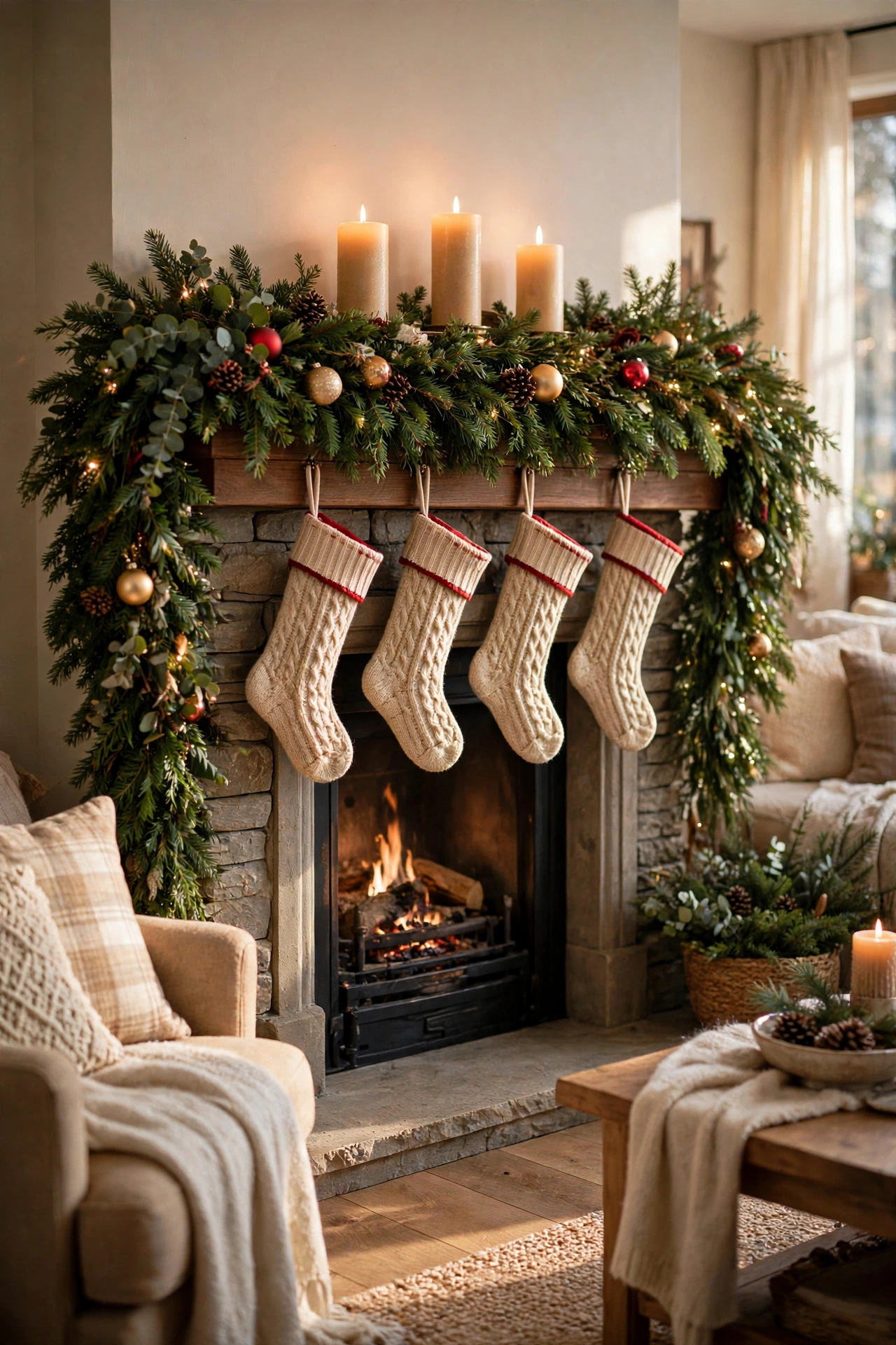 Freshly refreshed Christmas mantel with fluffed garland, straight stocking row and lit candles on Christmas morning
