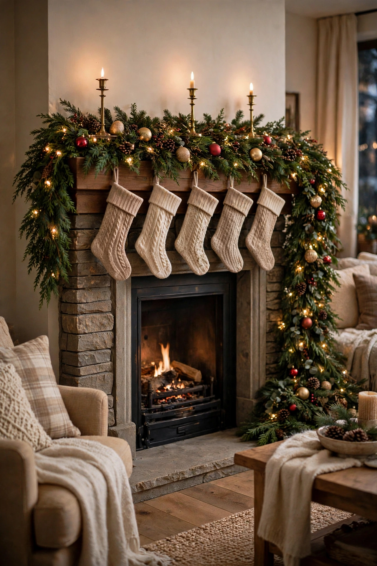 Christmas garland in a one-sided swoop, dropping low on one end of the mantel and staying neat on the other