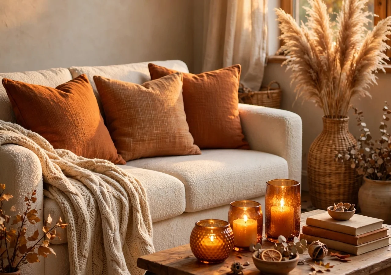 Fall 2026 home decor trends - cozy autumn living room with warm textures, layered textiles and seasonal accents