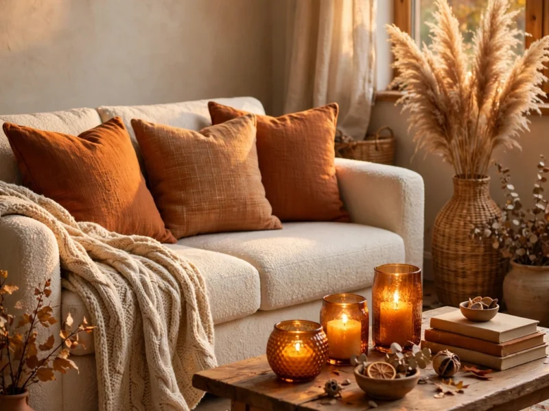 Fall 2026 home decor trends - cozy autumn living room with warm textures, layered textiles and seasonal accents