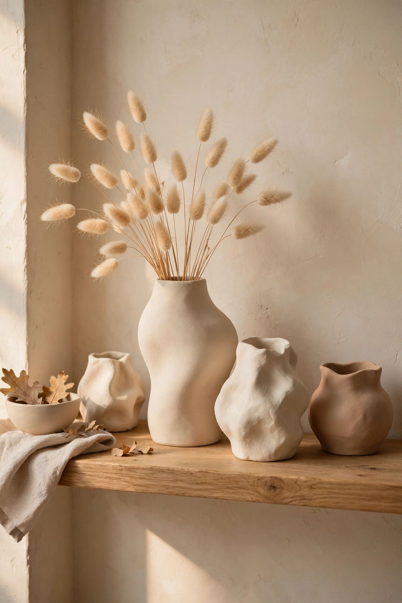 Sculptural handmade ceramic vases in matte clay, cream and sand on a wooden shelf
