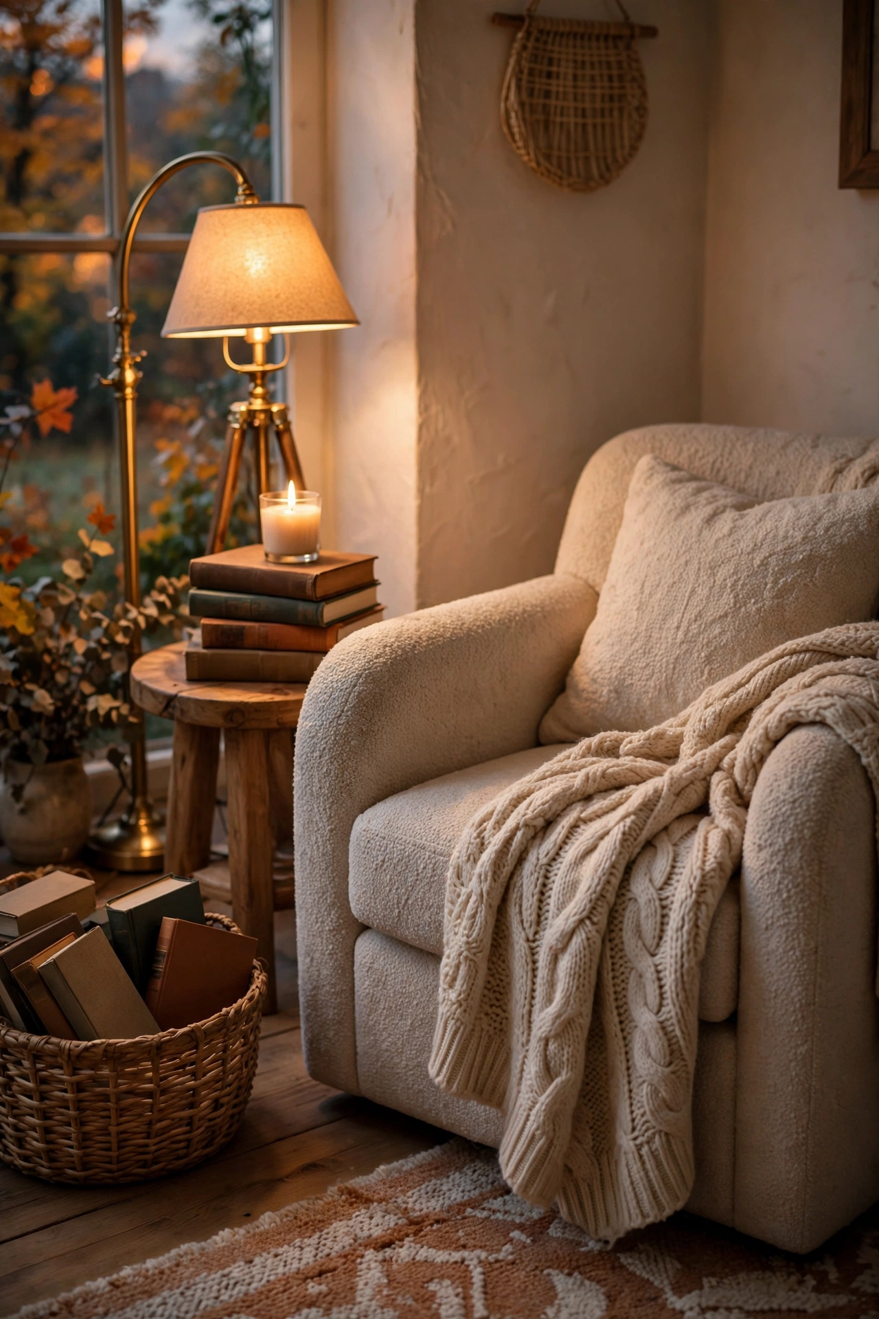 Cozy reading nook with armchair, knit throw, books and a warm brass lamp
