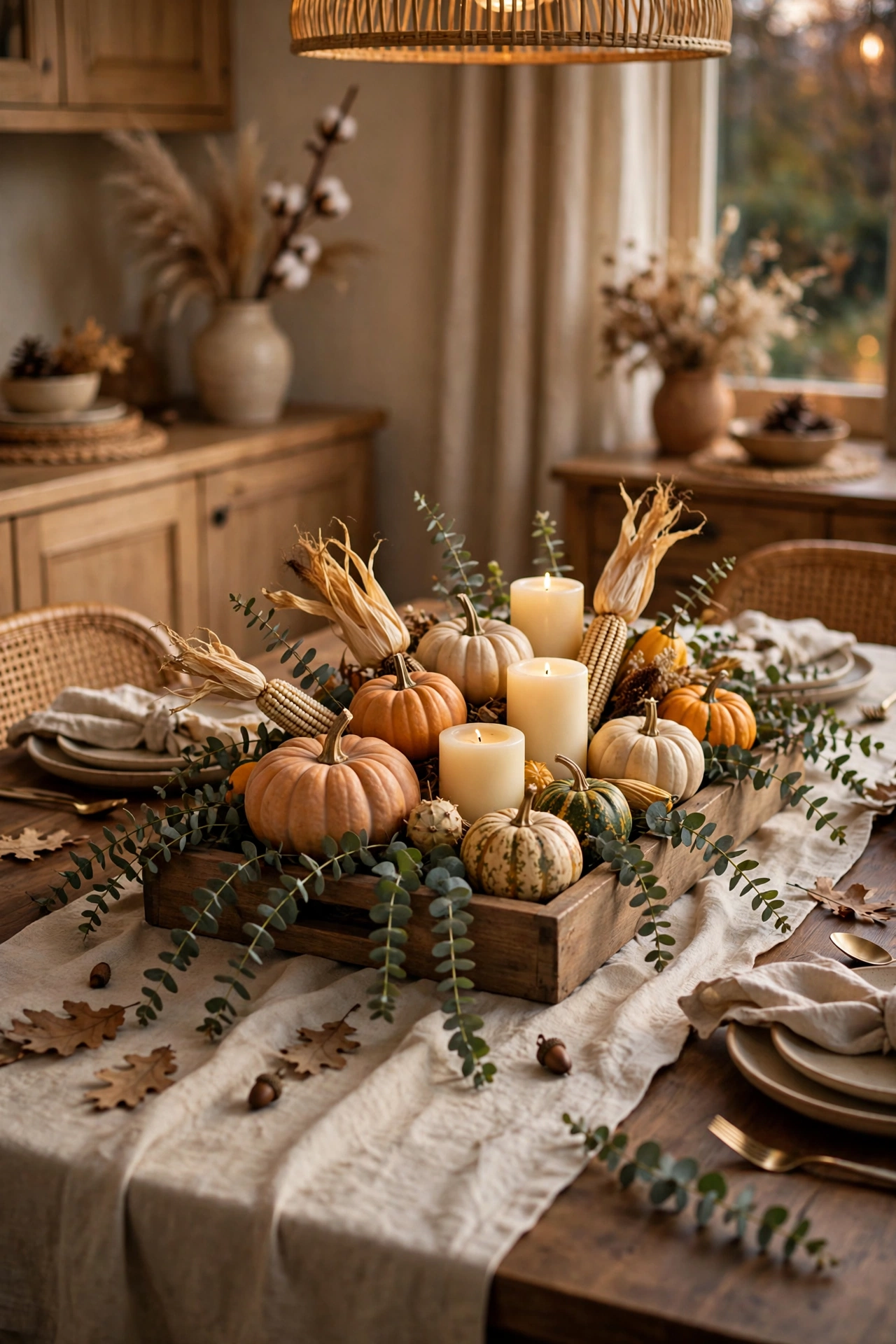 Harvest table centerpiece with mini pumpkins, gourds, candles and eucalyptus