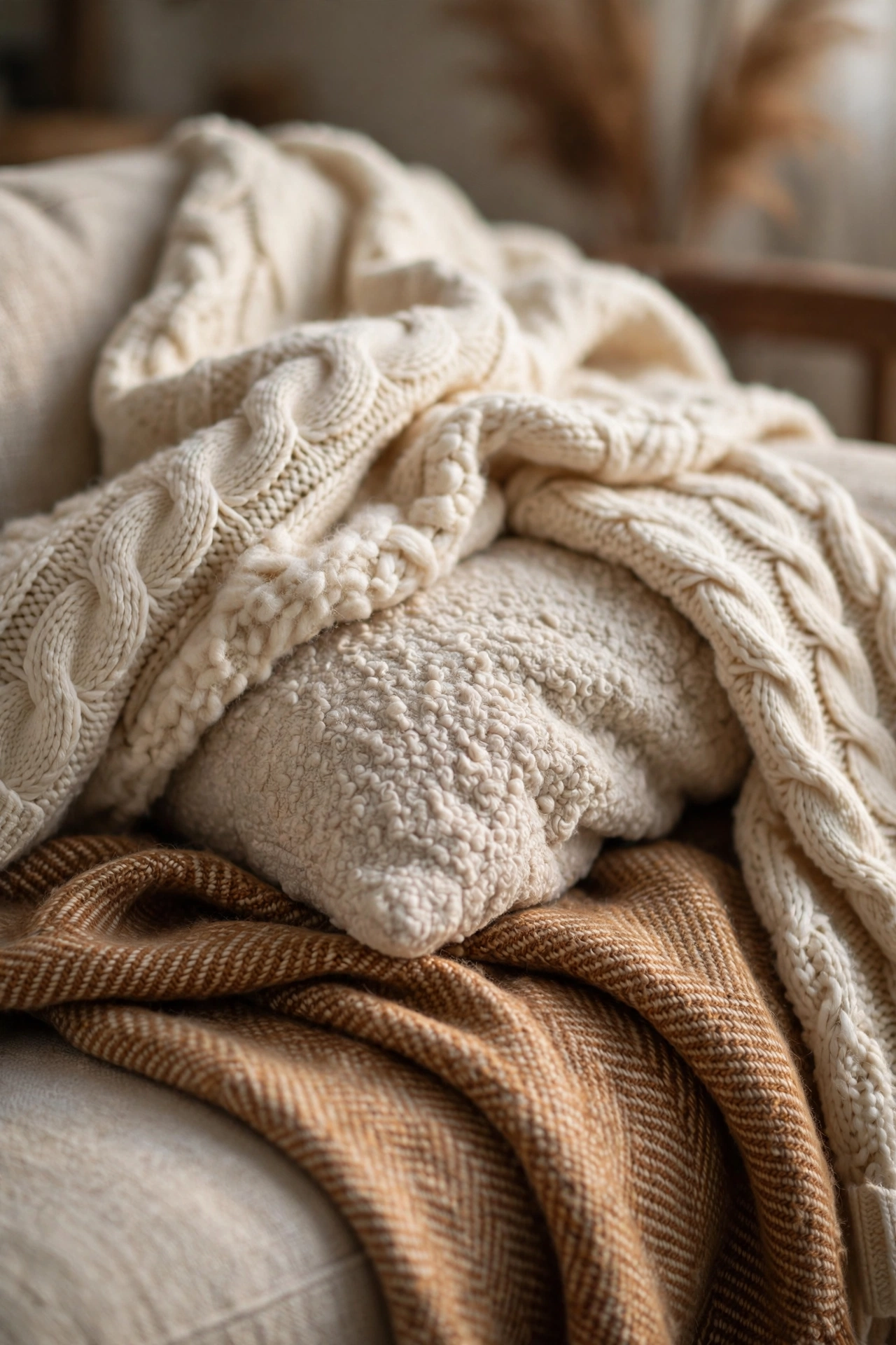 Layered chunky cable-knit throw and nubby boucle cushions in cream and caramel