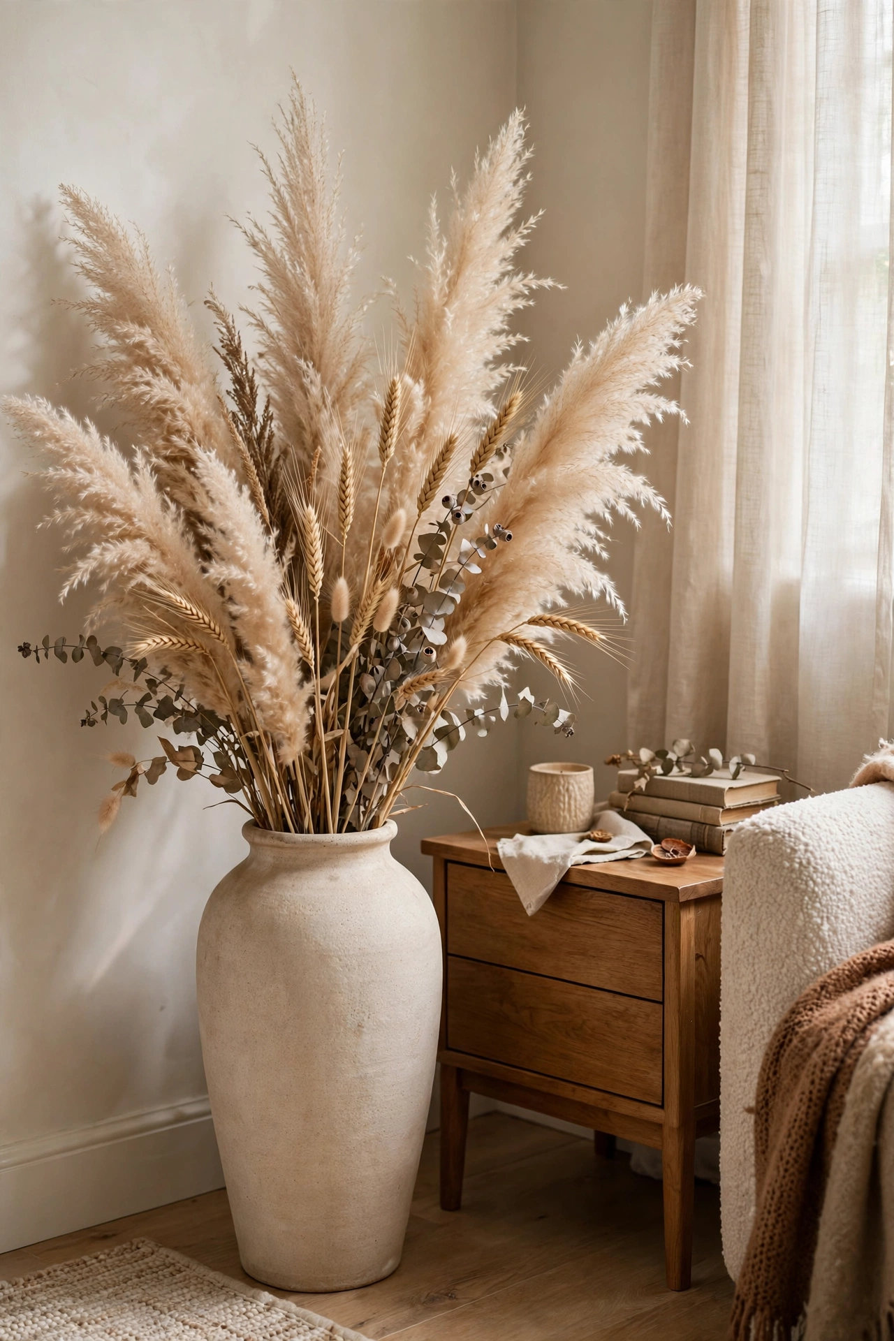 Tall ceramic vase with dried pampas grass, wheat stalks and eucalyptus in a living room corner