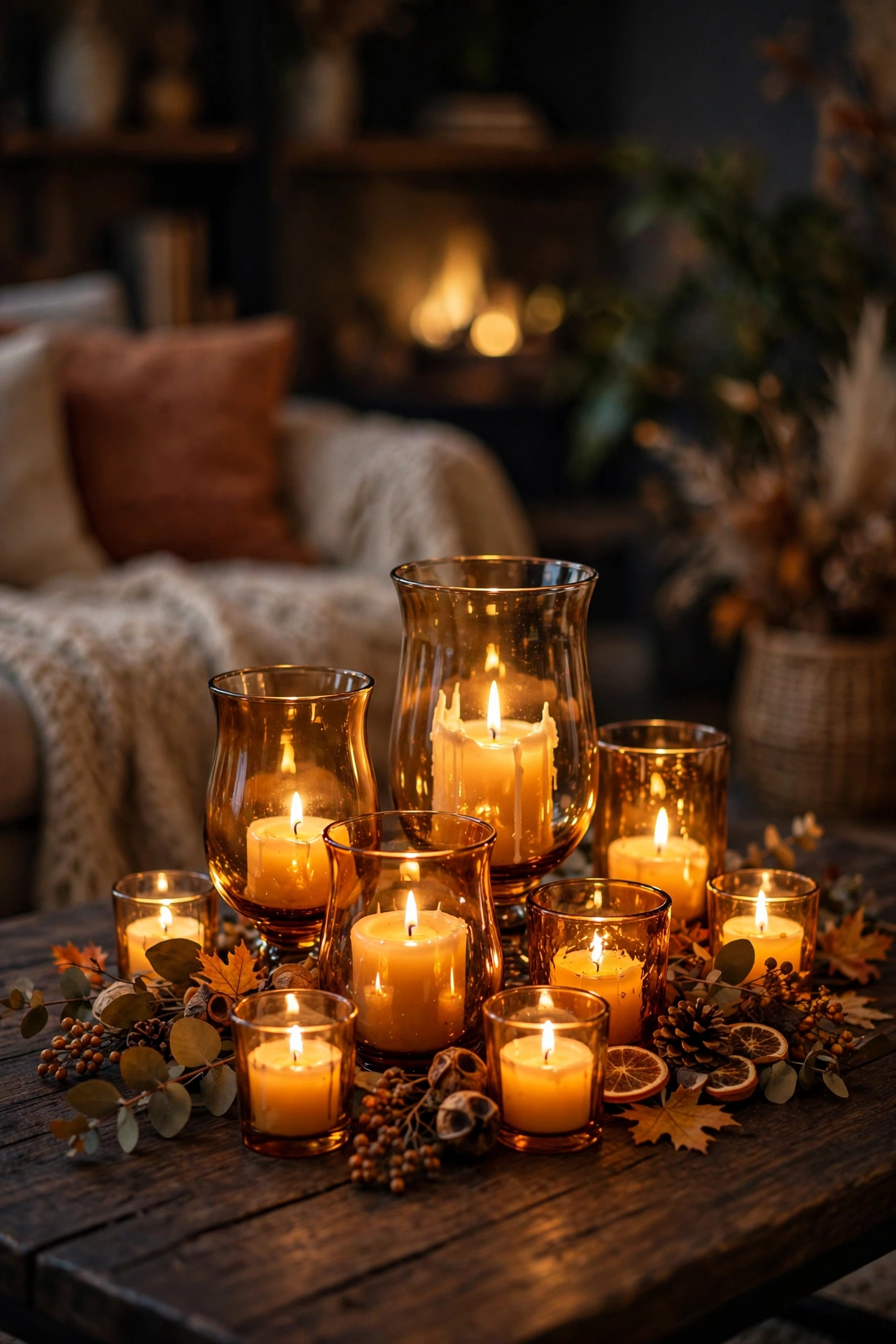 Amber glass candle holders glowing warmly on a coffee table in the evening