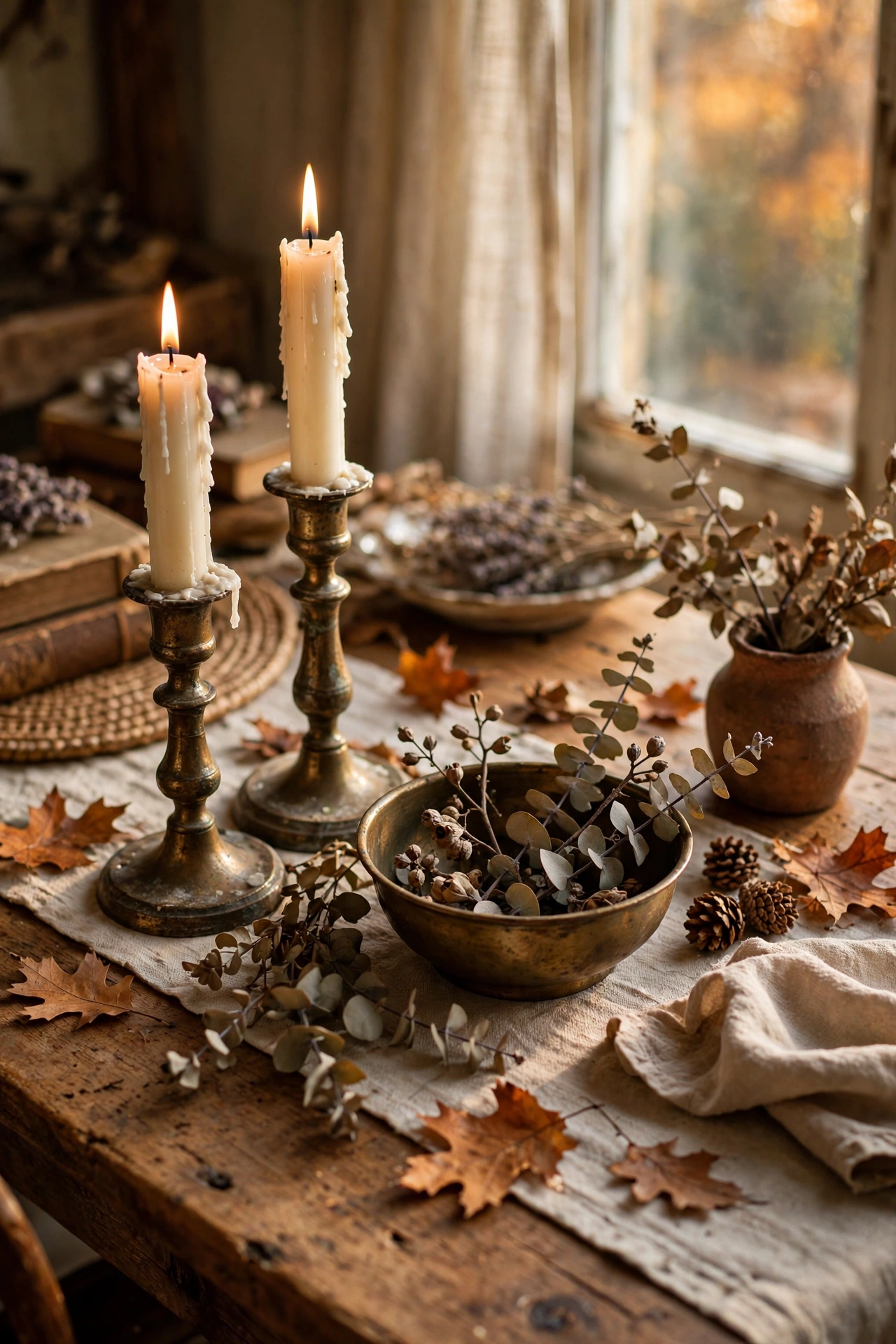 Aged vintage brass candlesticks with ivory candles on a wooden dining table