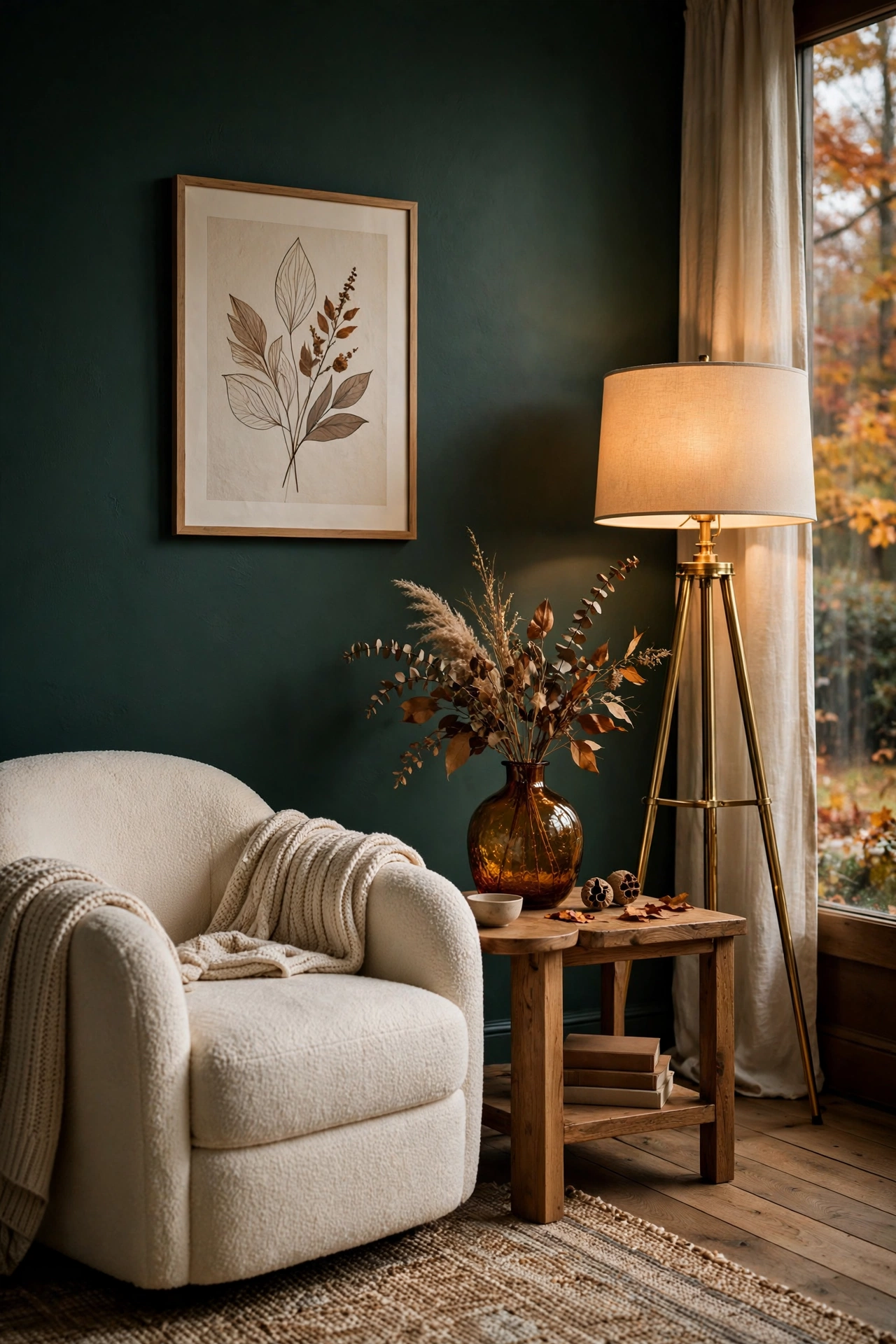 Living room with a moody forest-green accent wall, boucle chair and brass floor lamp