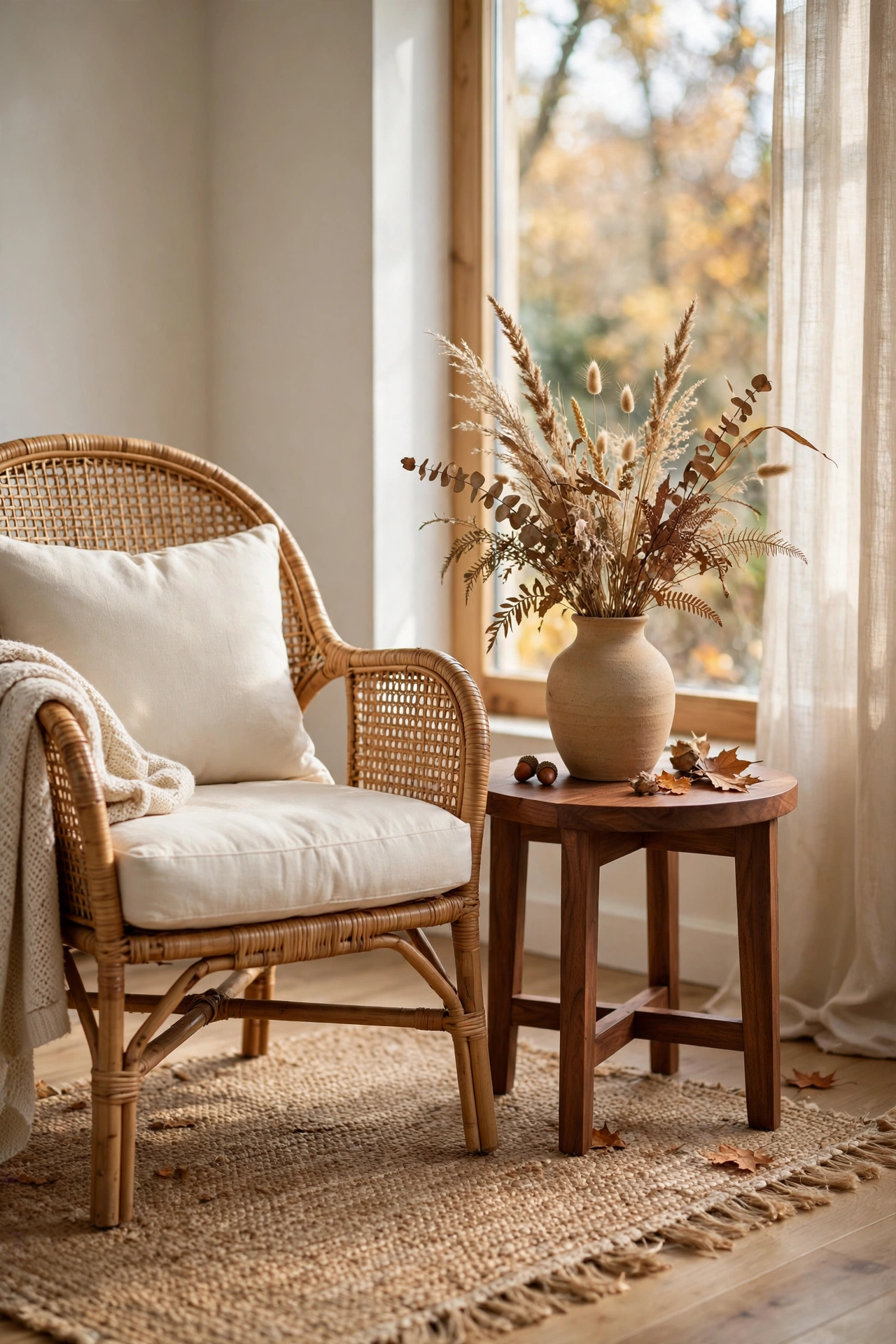 Woven rattan accent chair beside a walnut side table with dried grasses