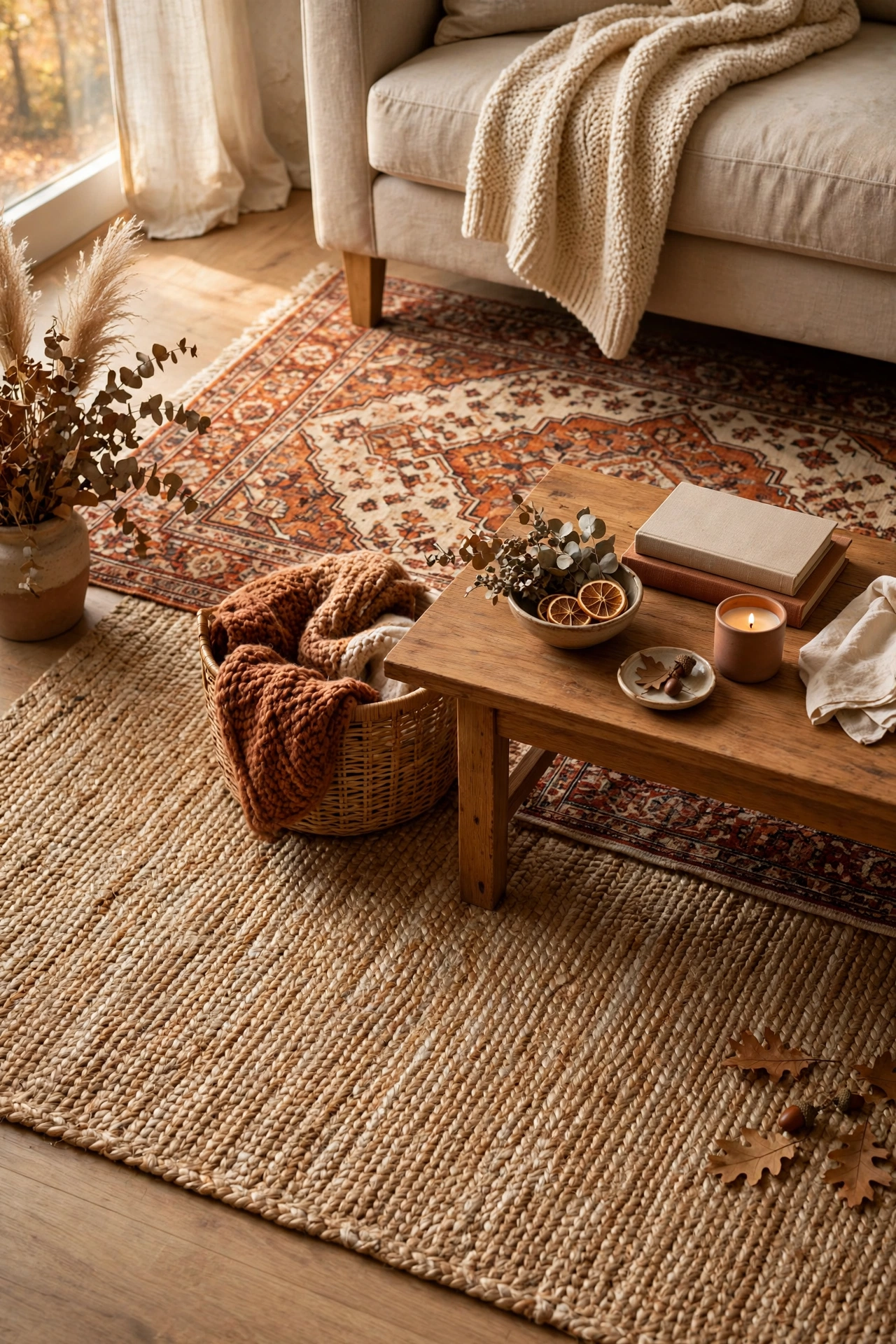 Layered jute and vintage-style Persian rugs under a sofa and coffee table
