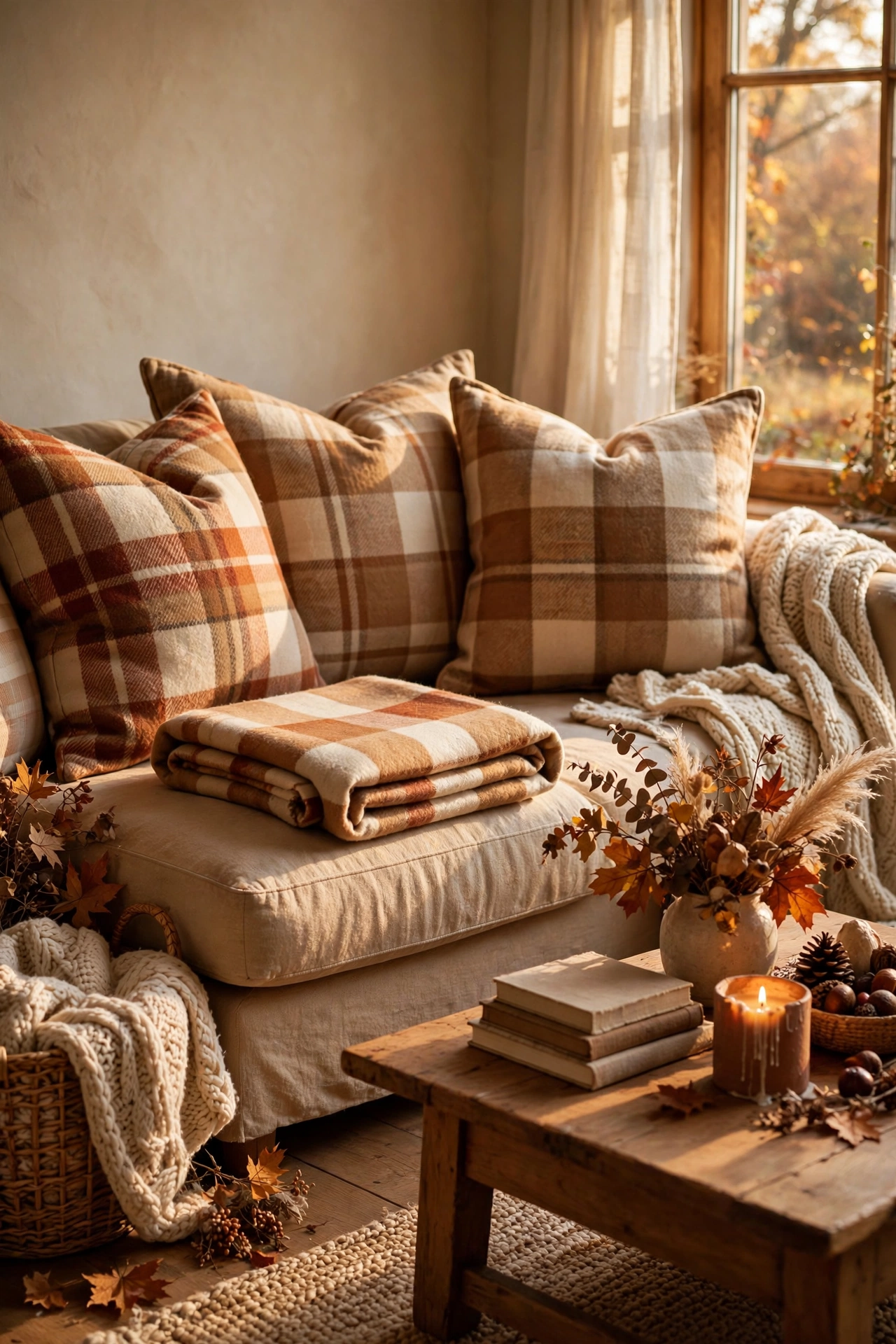 Sofa with oversized plaid pillows and a check wool blanket in camel, cream and rust