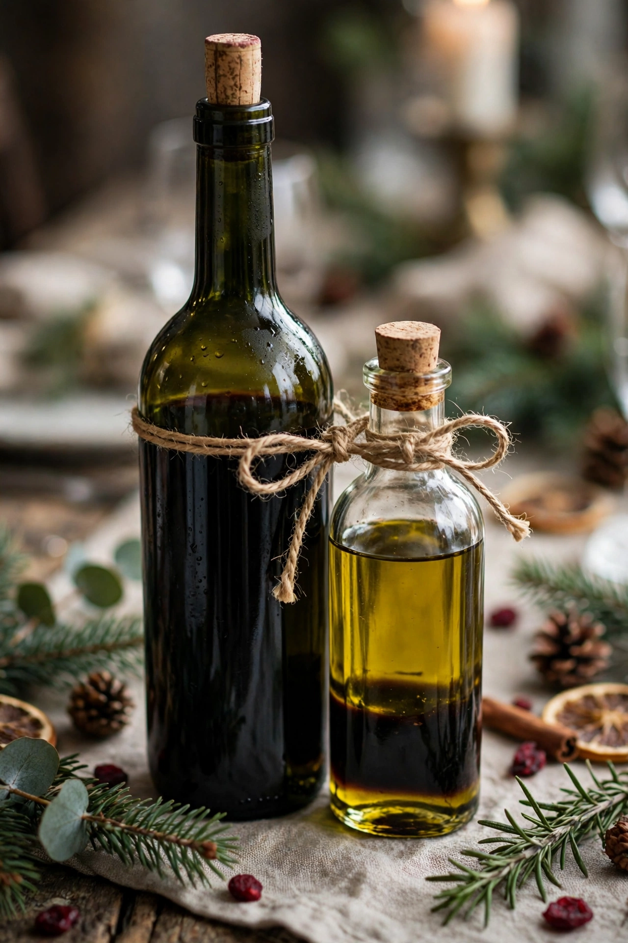 A bottle of wine and olive oil with balsamic, tied with twine for the table