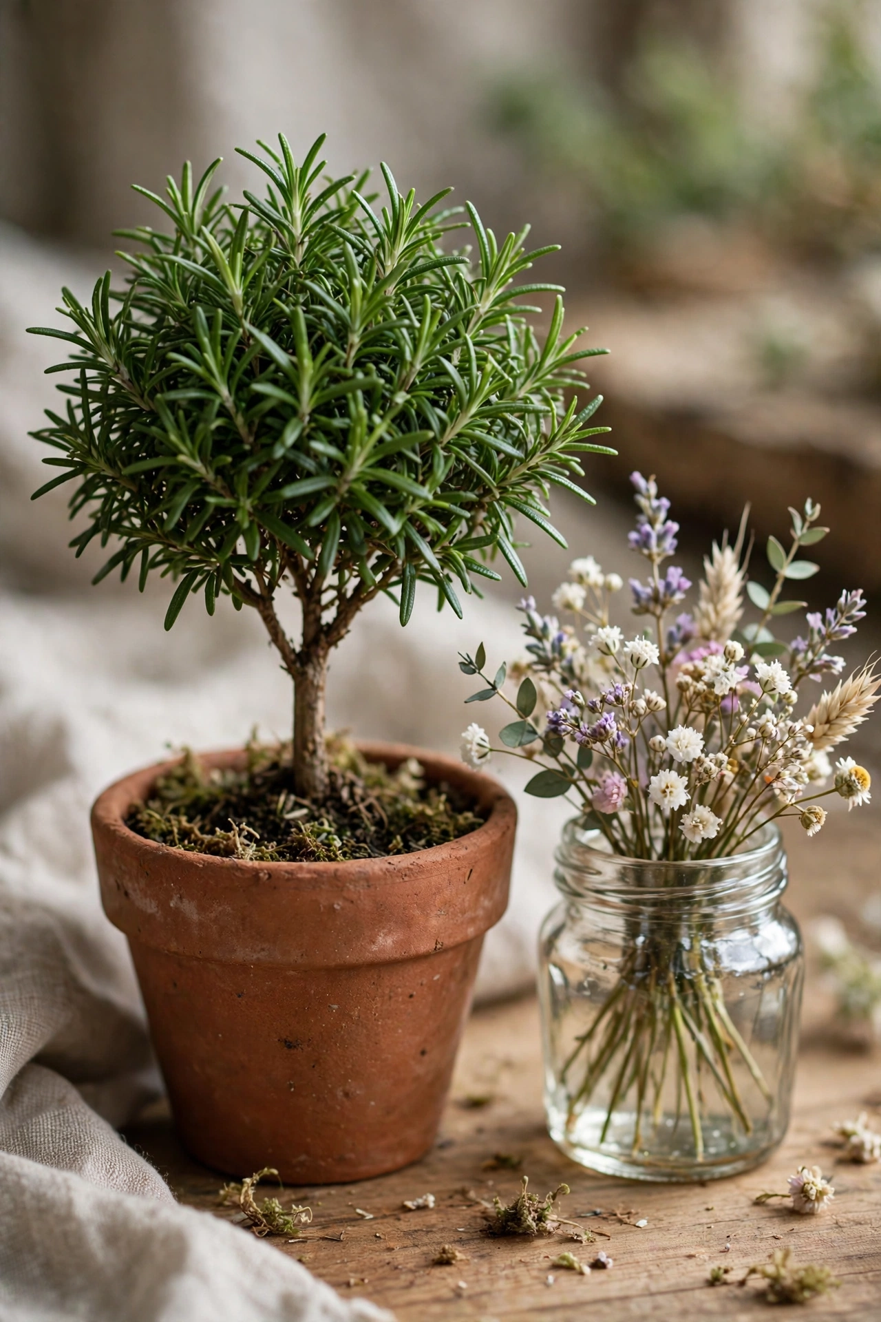 A potted rosemary plant and a small bouquet in a jam jar