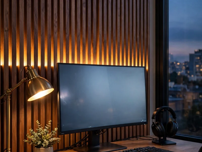 Stylish gaming room corner with walnut slat wall panels, warm amber backlighting, oak desk and brass lamp at dusk