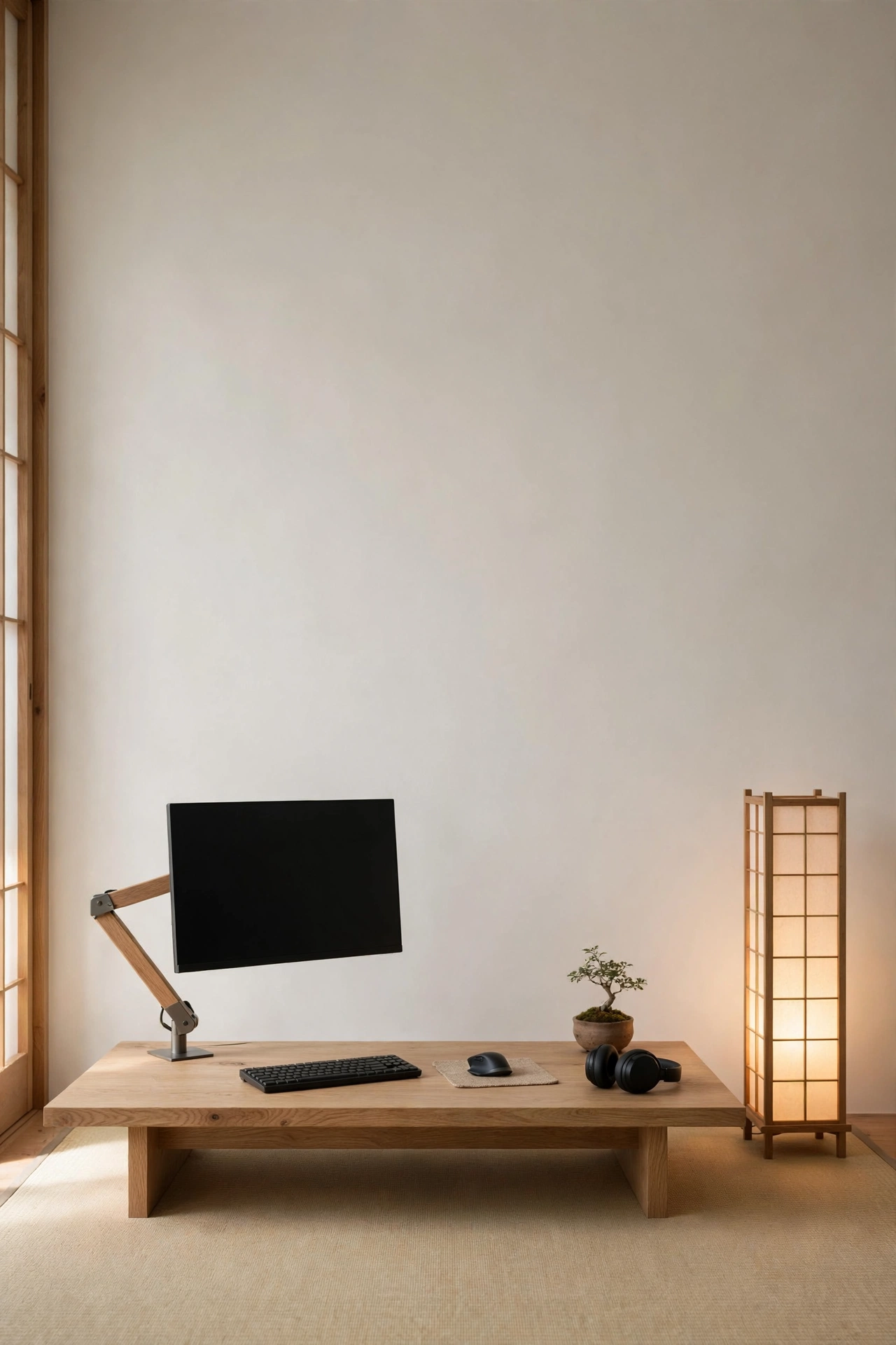 Japanese minimalist gaming corner with oak desk and shoji paper lamp