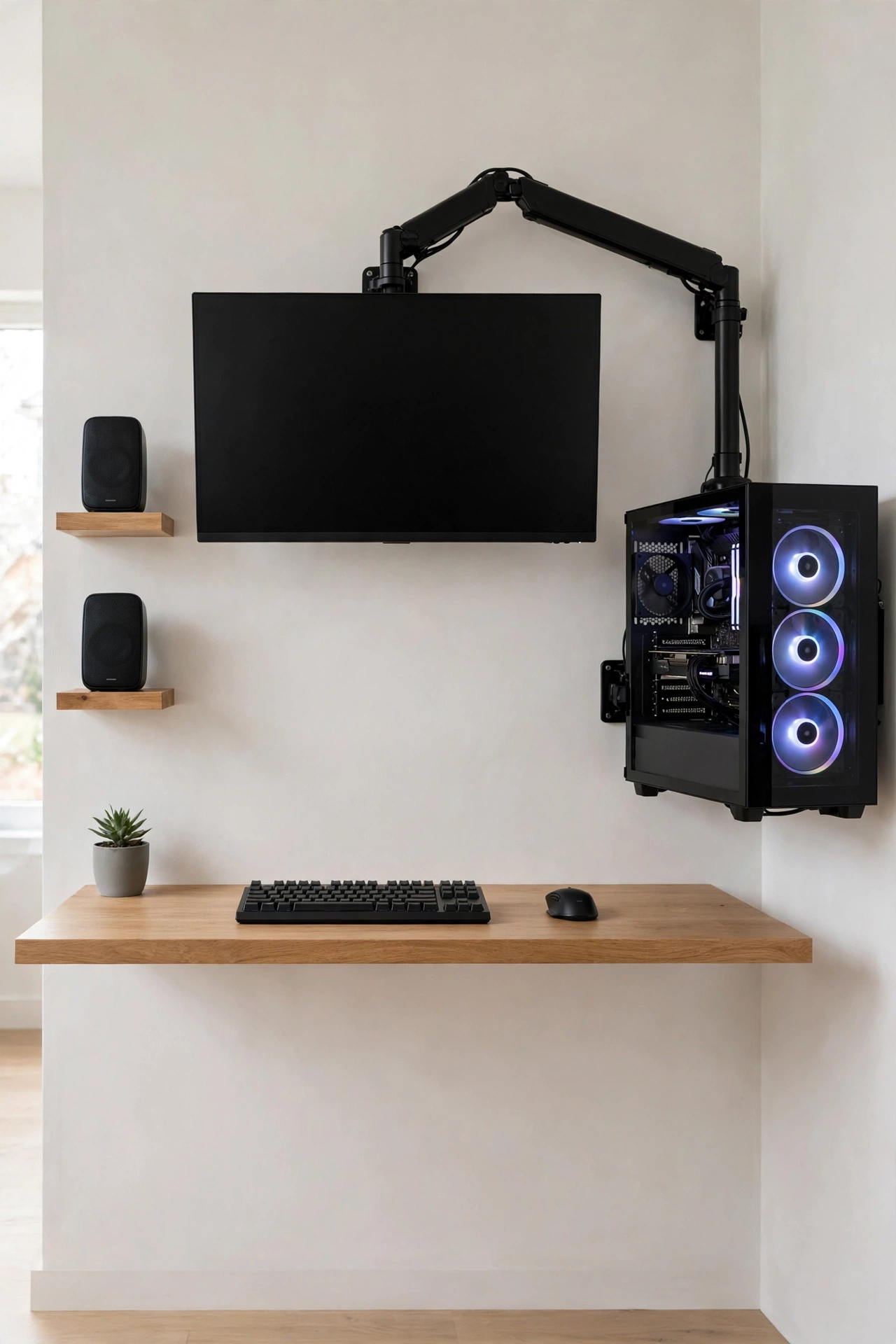 Wall-mounted gaming rig with articulated monitor arm and bracket-mounted PC