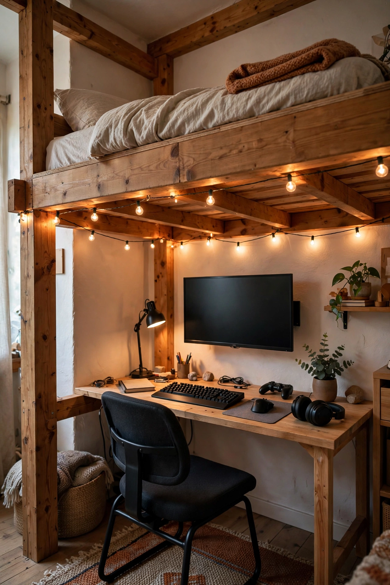 Loft nook gaming setup under a sleeping platform with warm string lights