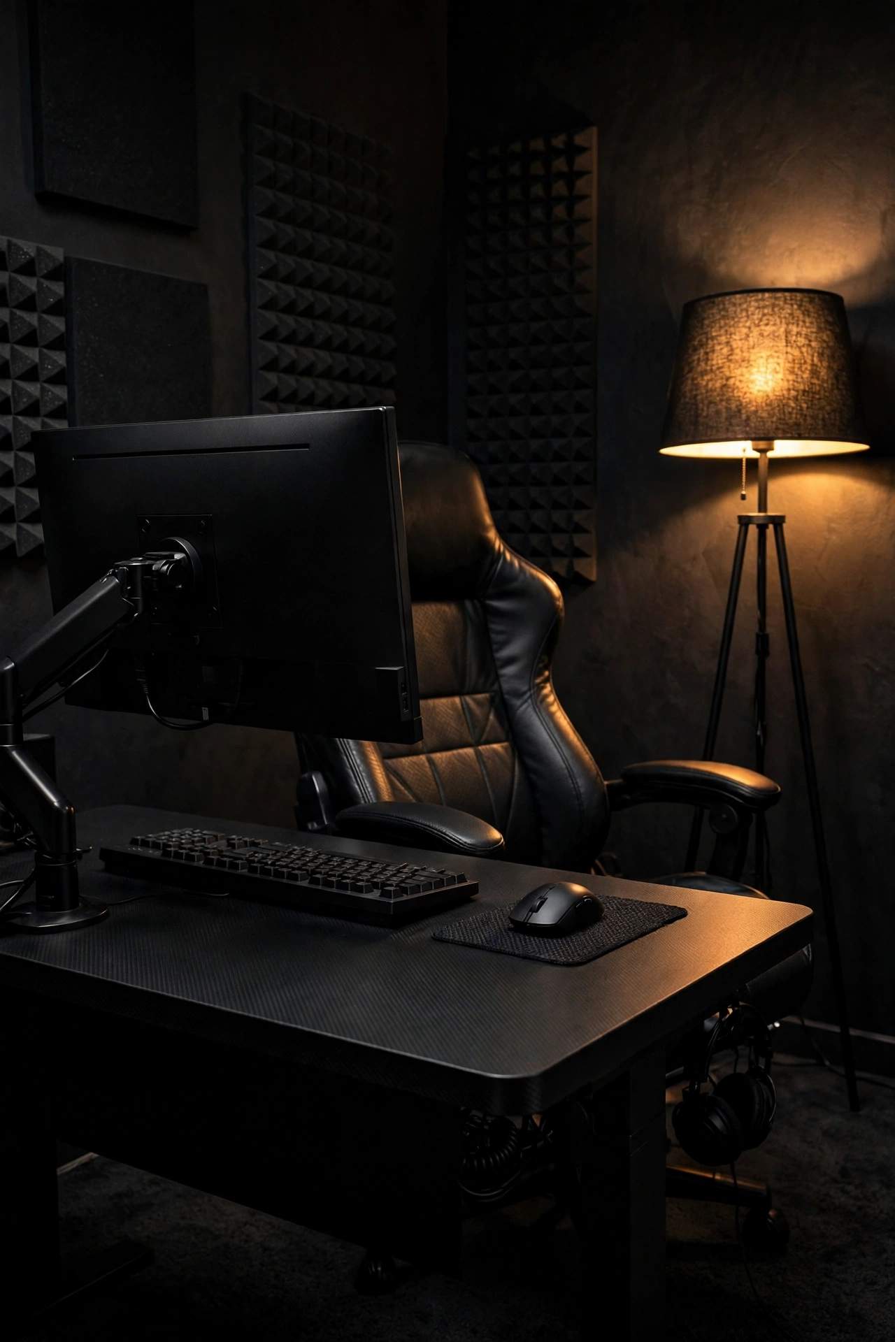 All-black monochrome gaming setup with matte black desk and warm side lighting