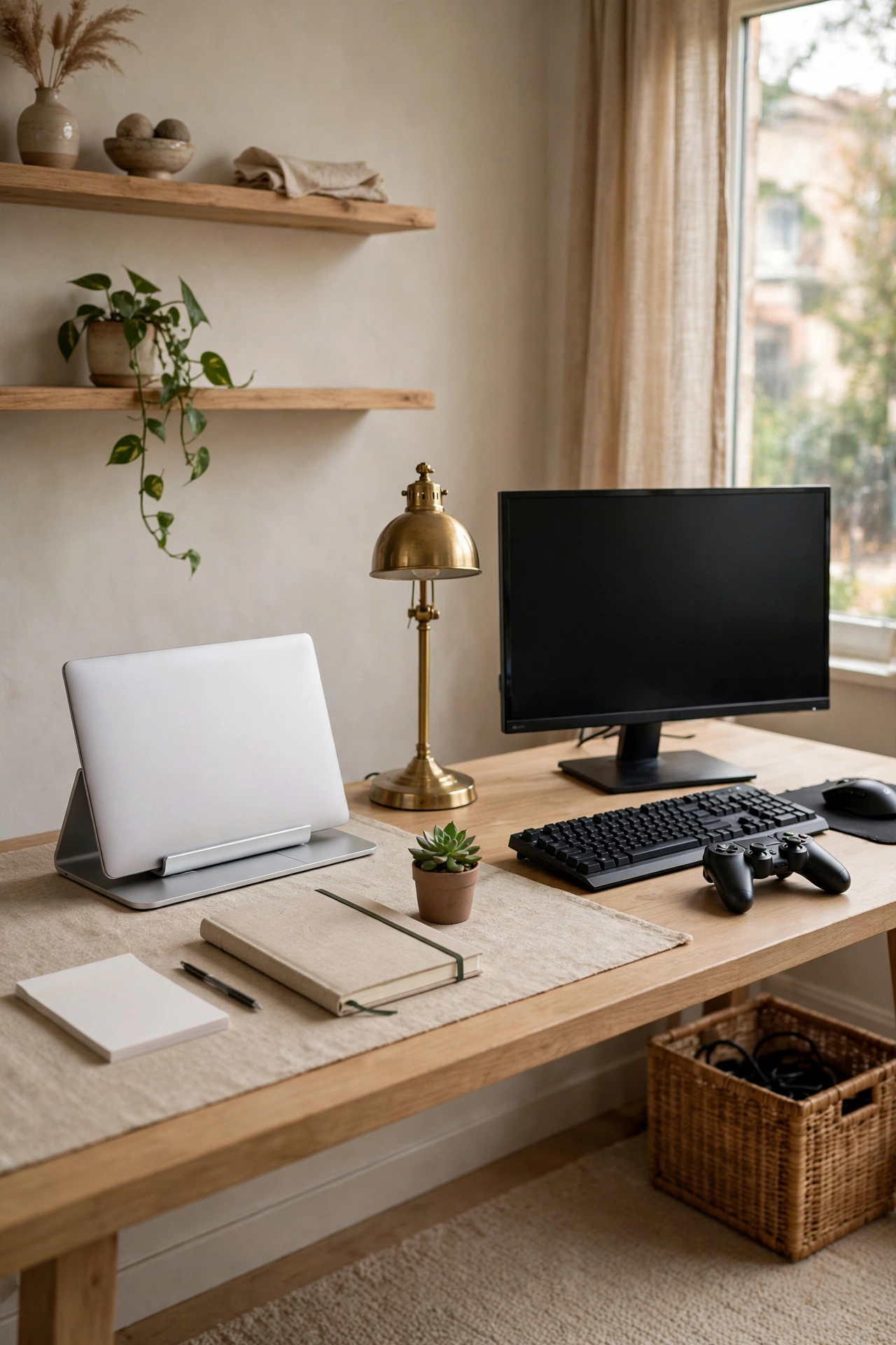 Long dual-zone desk split into a clean work zone and a gaming setup