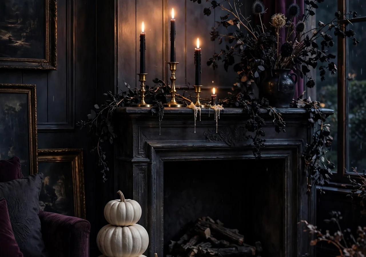 Moody, elegant last-minute Halloween decor — black tapers, velvet pumpkins and brass.