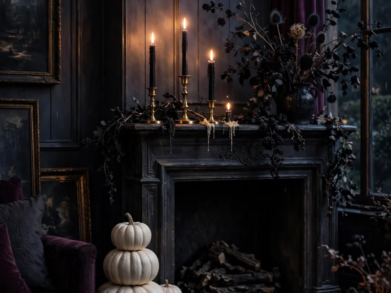 Moody, elegant last-minute Halloween decor — black tapers, velvet pumpkins and brass.