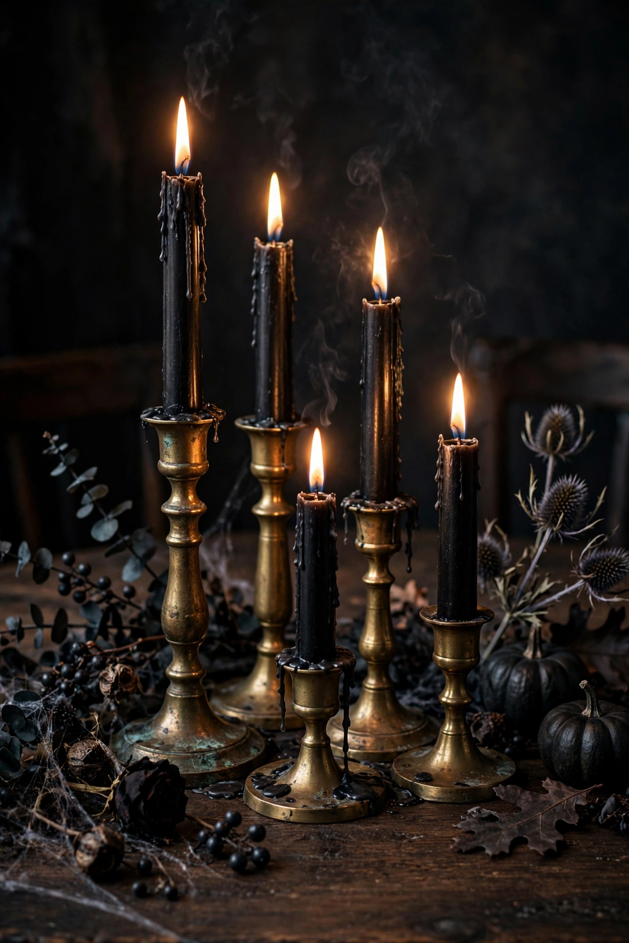 Black Taper Candles in Brass Holders
