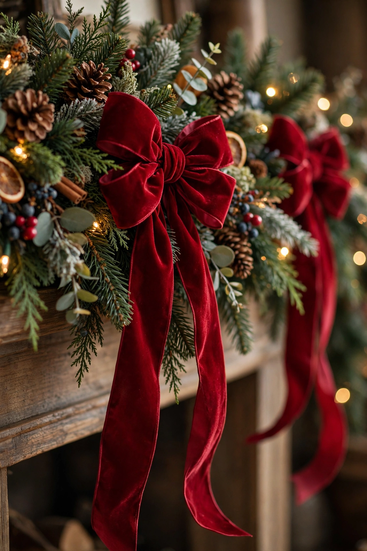 Deep red velvet ribbon bows tied along a Christmas mantel garland