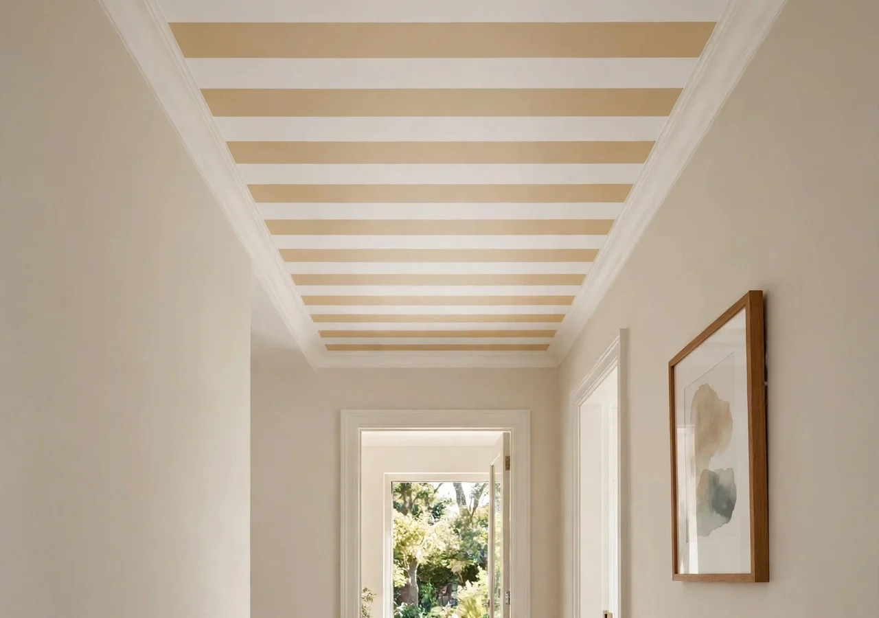 A hallway ceiling painted with wide awning stripes in warm cream and soft white.
