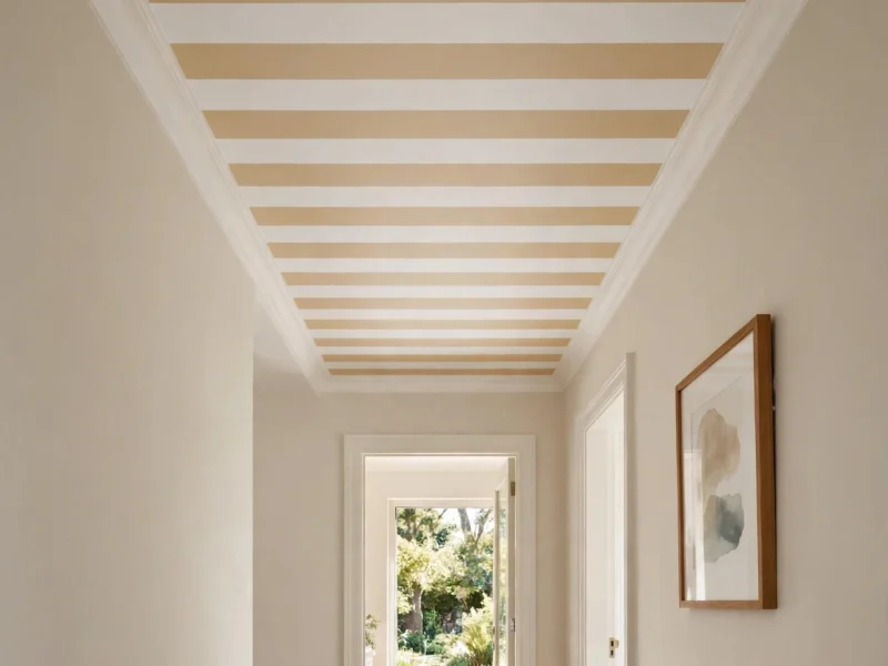 A hallway ceiling painted with wide awning stripes in warm cream and soft white.