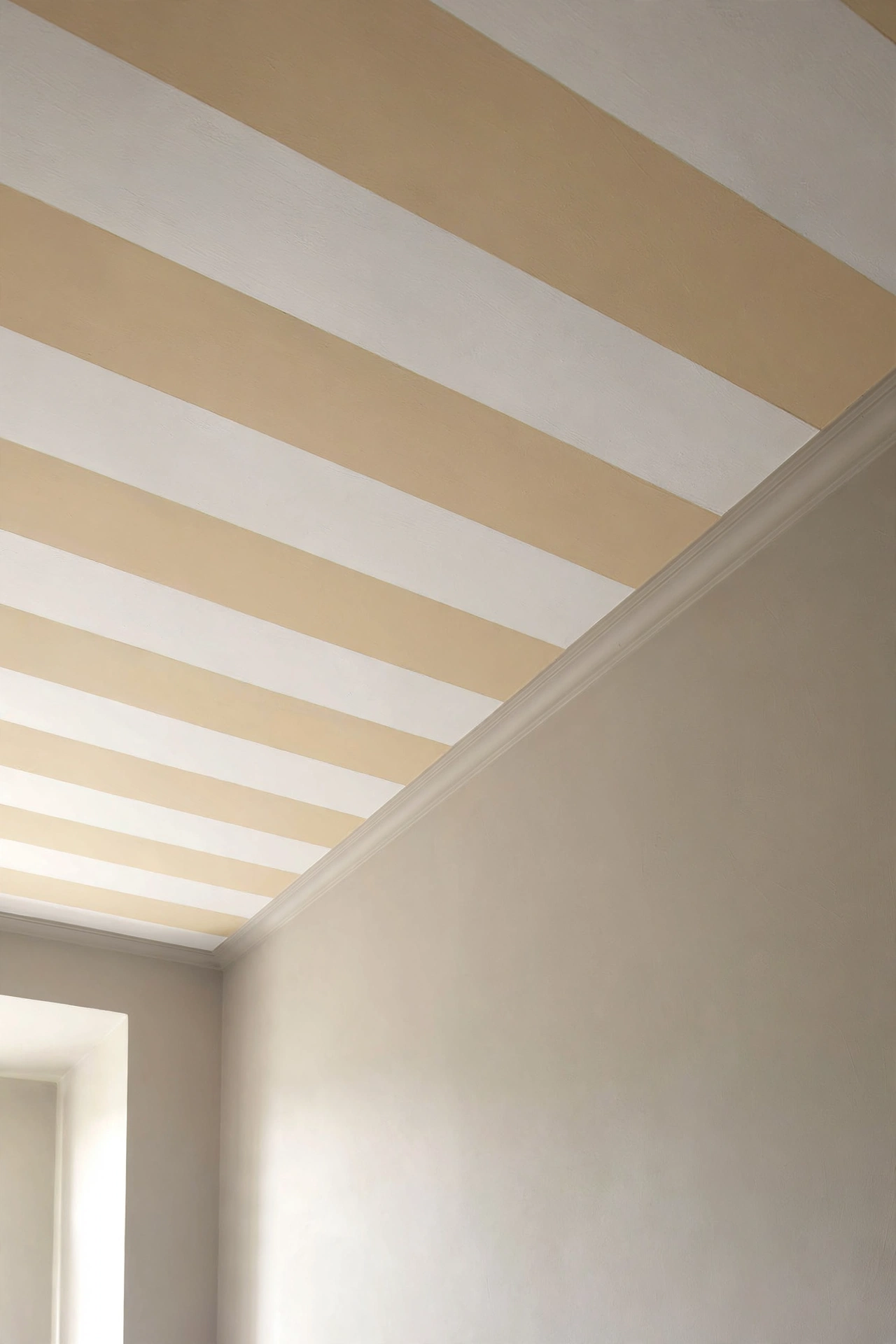 Wide awning stripes in cream and white turn a hallway ceiling into a feature.
