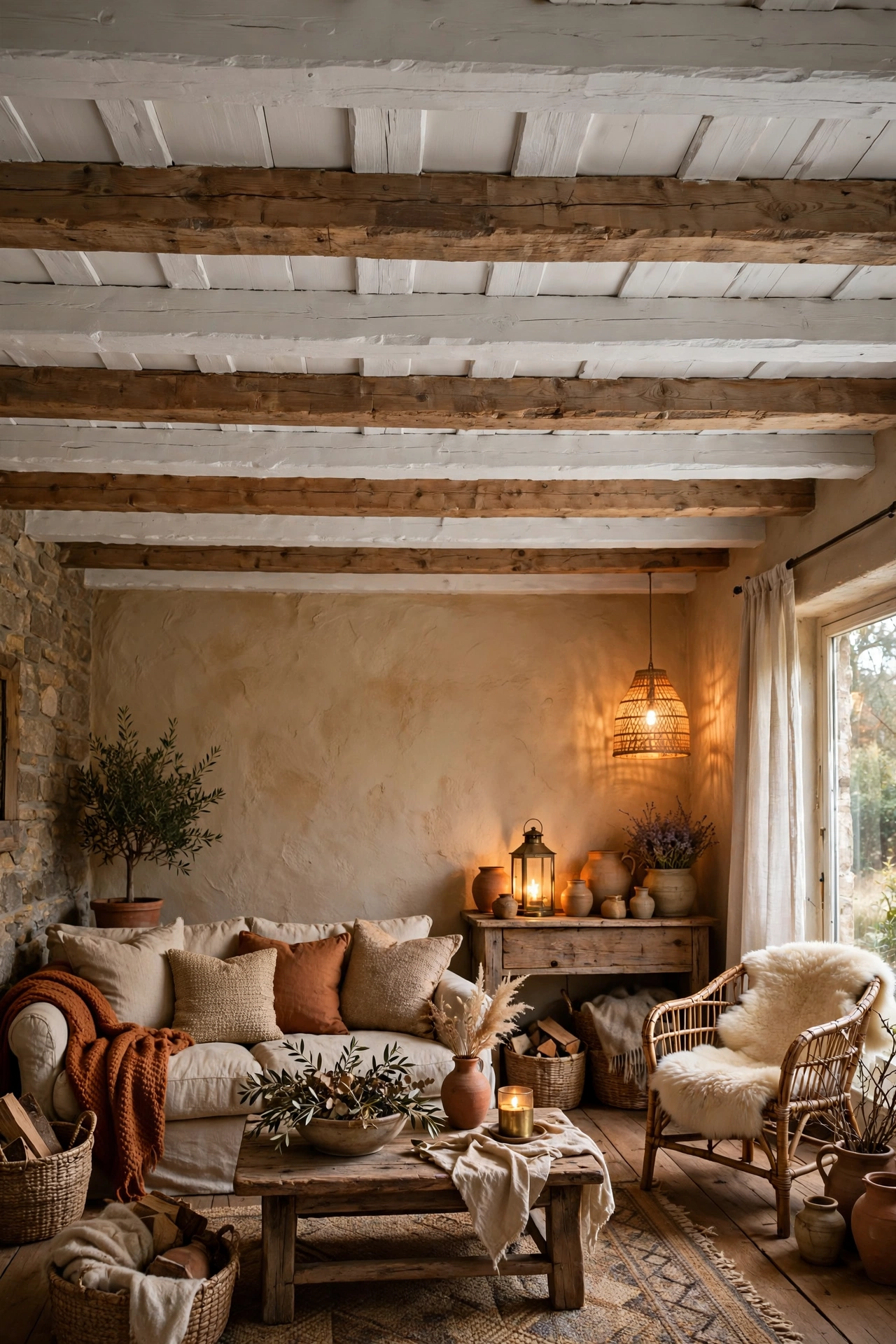 Alternate painted beams create a striped rhythm in a rustic room.