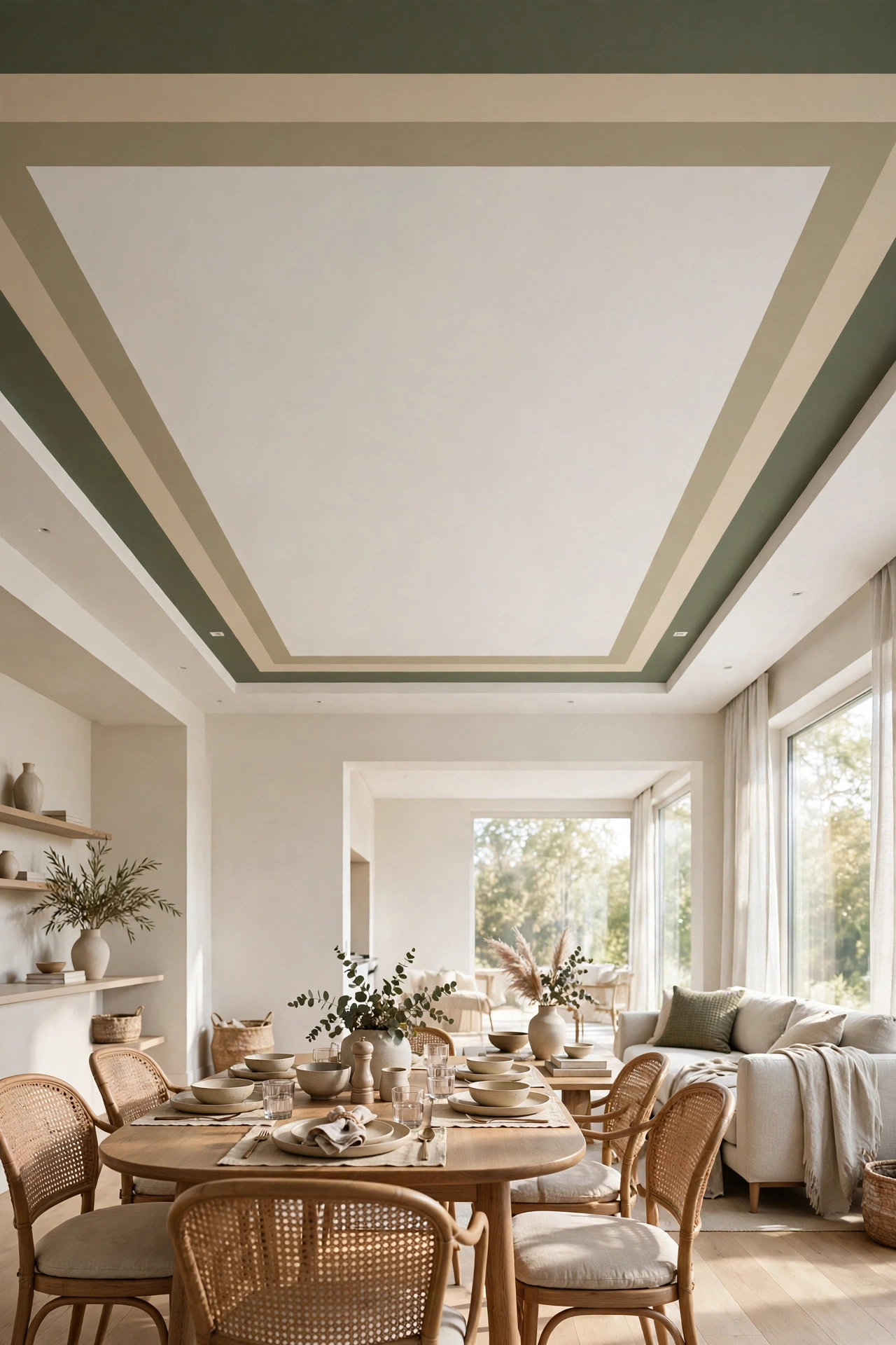 A wide painted border stripe frames the ceiling like a rug.