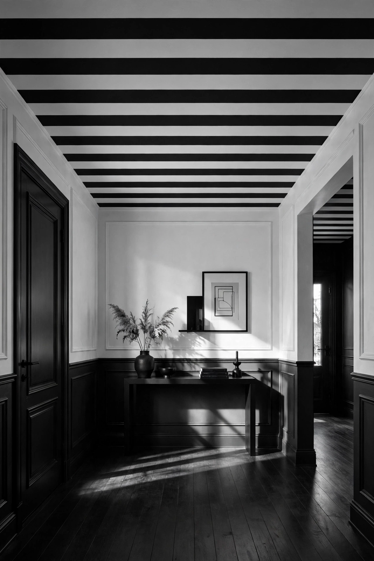 Equal bands of black and white bring maximum drama to an entryway ceiling.